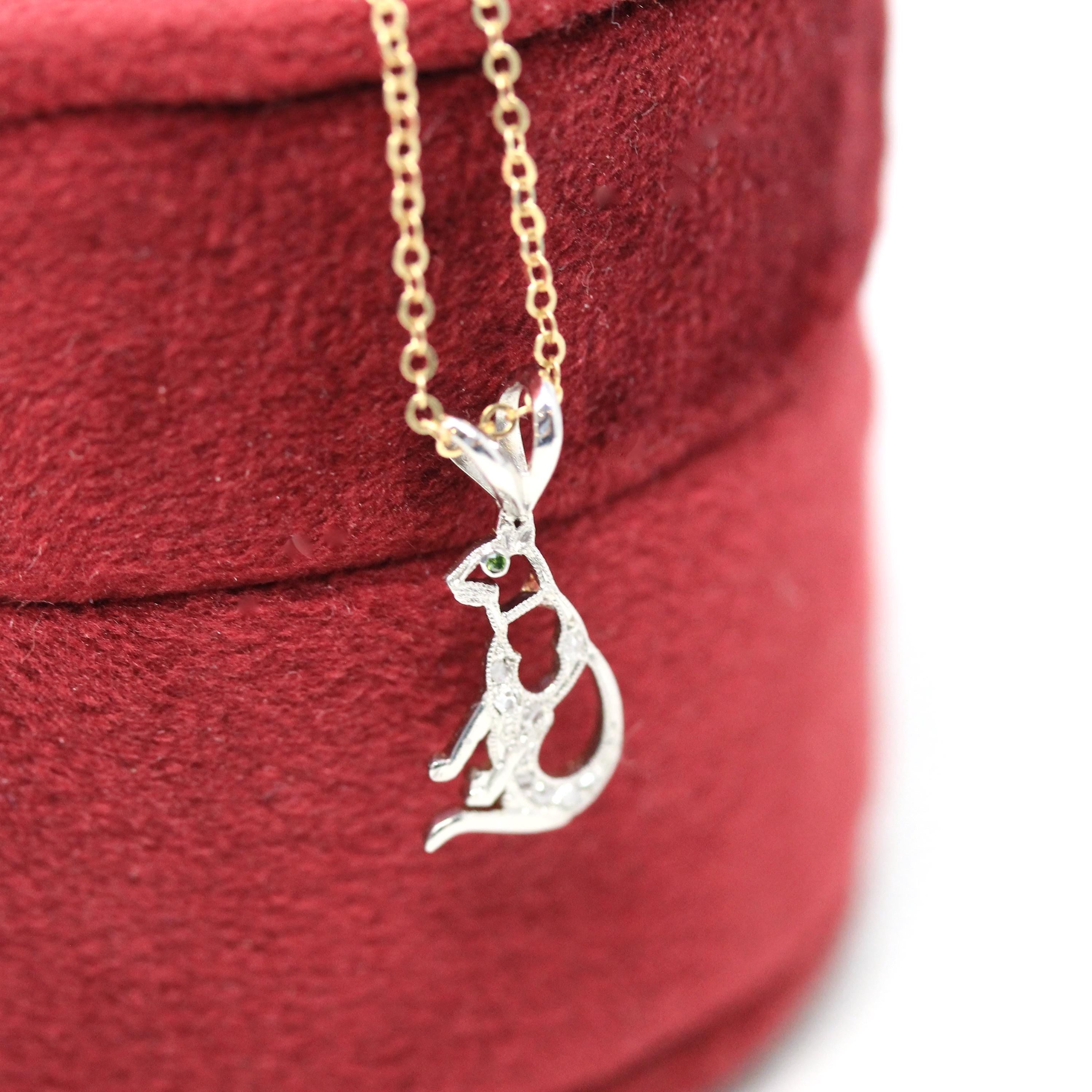 Antique Cat Charm - Art Deco Era Platinum and 14k Yellow Gold Figural Feline Pendant - Circa 1920's Kitty Diamond Converted Fine 20s Jewelry