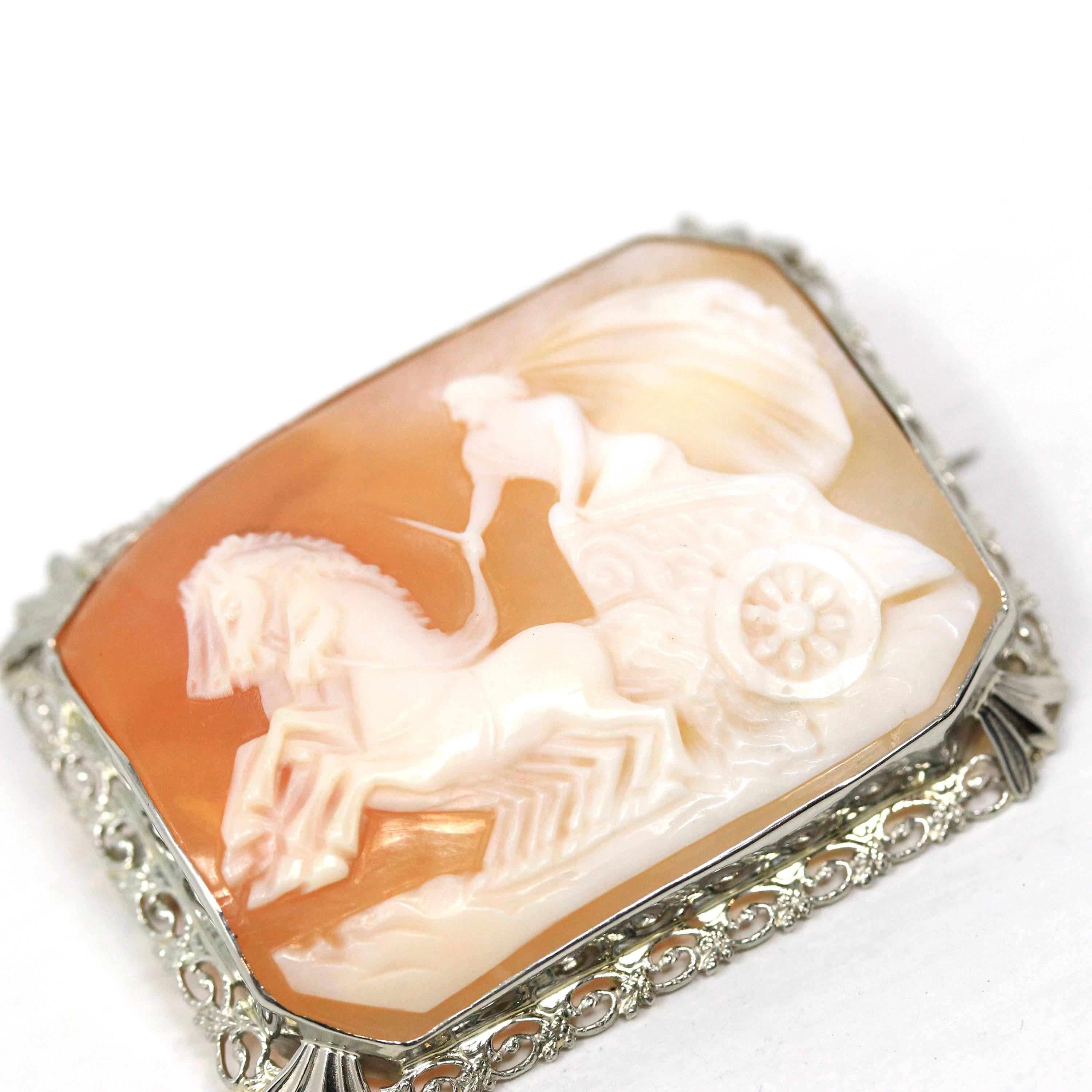 Vintage Cameo Brooch - Art Deco Era 14K White Gold Filigree Carved Shell Landscape Portrait Pin - 1930s Greek Goddess Nike Victory Jewelry