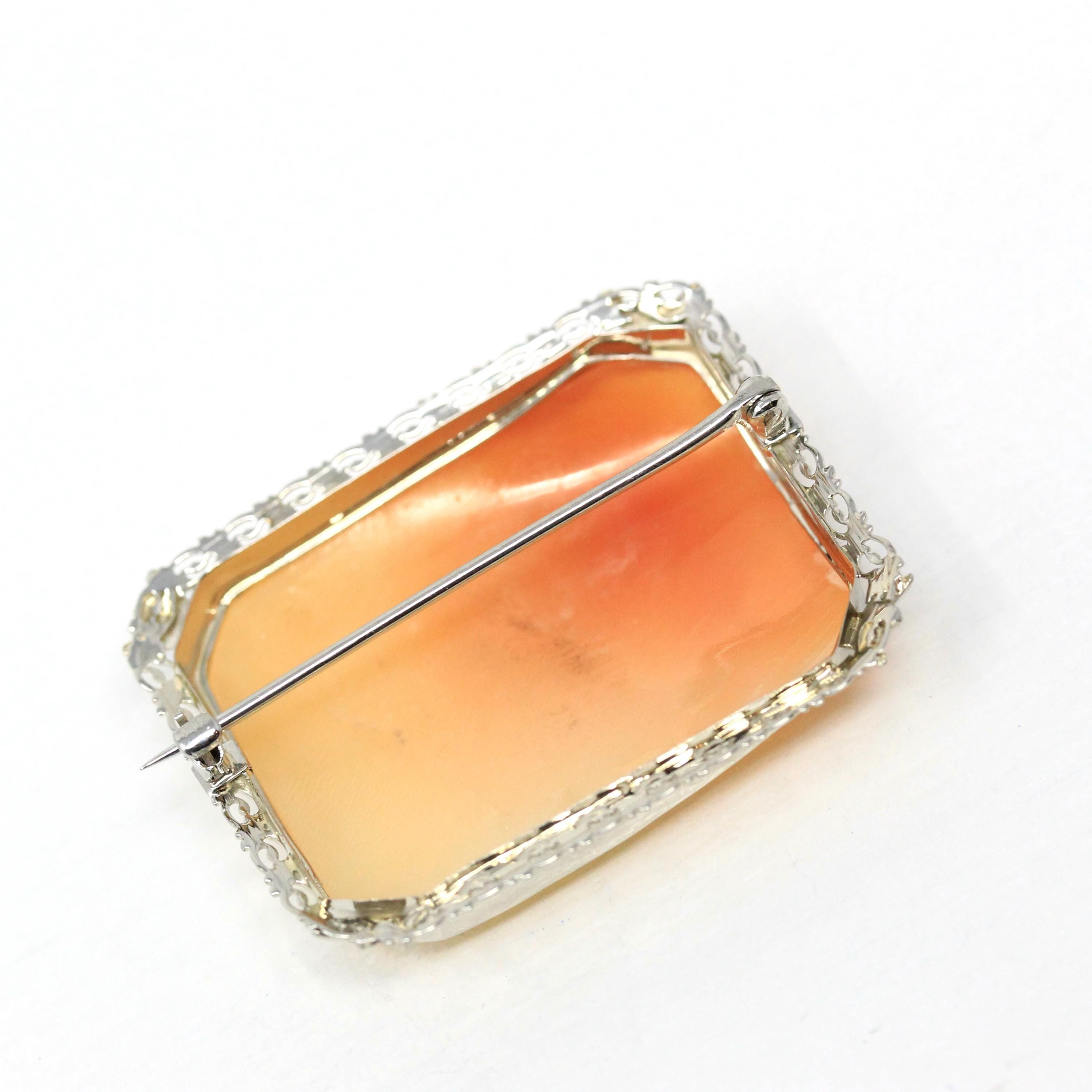 Vintage Cameo Brooch - Art Deco Era 14K White Gold Filigree Carved Shell Landscape Portrait Pin - 1930s Greek Goddess Nike Victory Jewelry