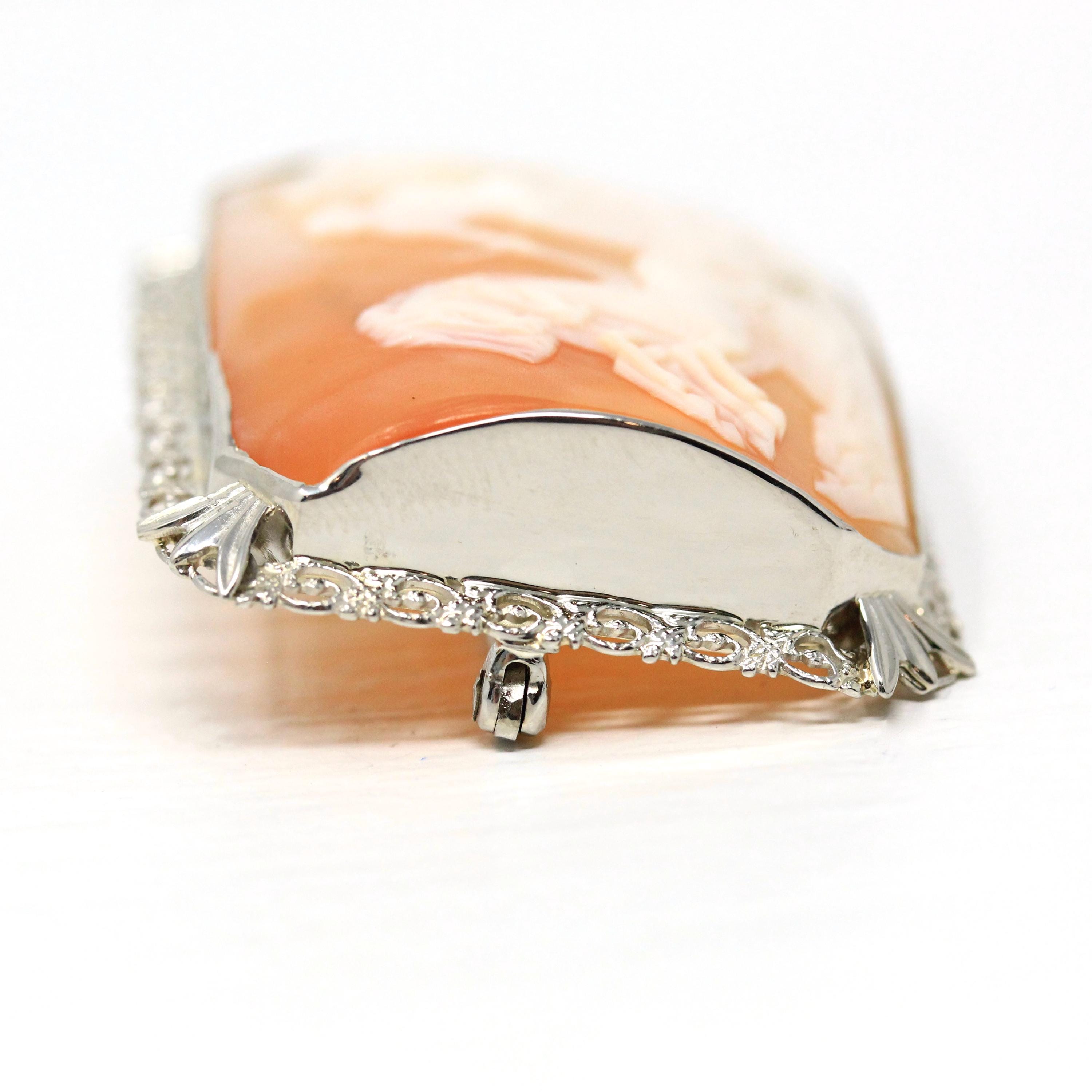 Vintage Cameo Brooch - Art Deco Era 14K White Gold Filigree Carved Shell Landscape Portrait Pin - 1930s Greek Goddess Nike Victory Jewelry