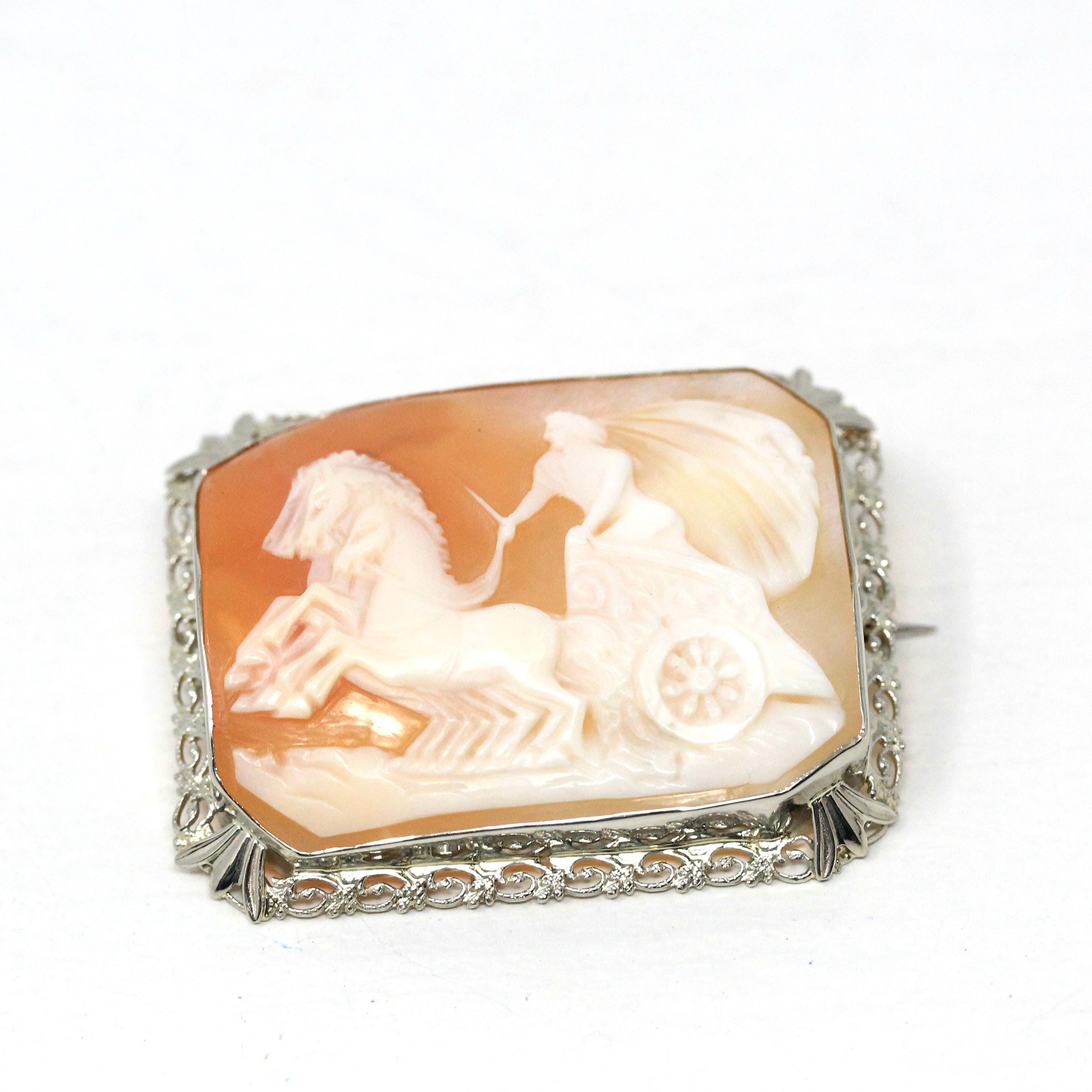 Vintage Cameo Brooch - Art Deco Era 14K White Gold Filigree Carved Shell Landscape Portrait Pin - 1930s Greek Goddess Nike Victory Jewelry