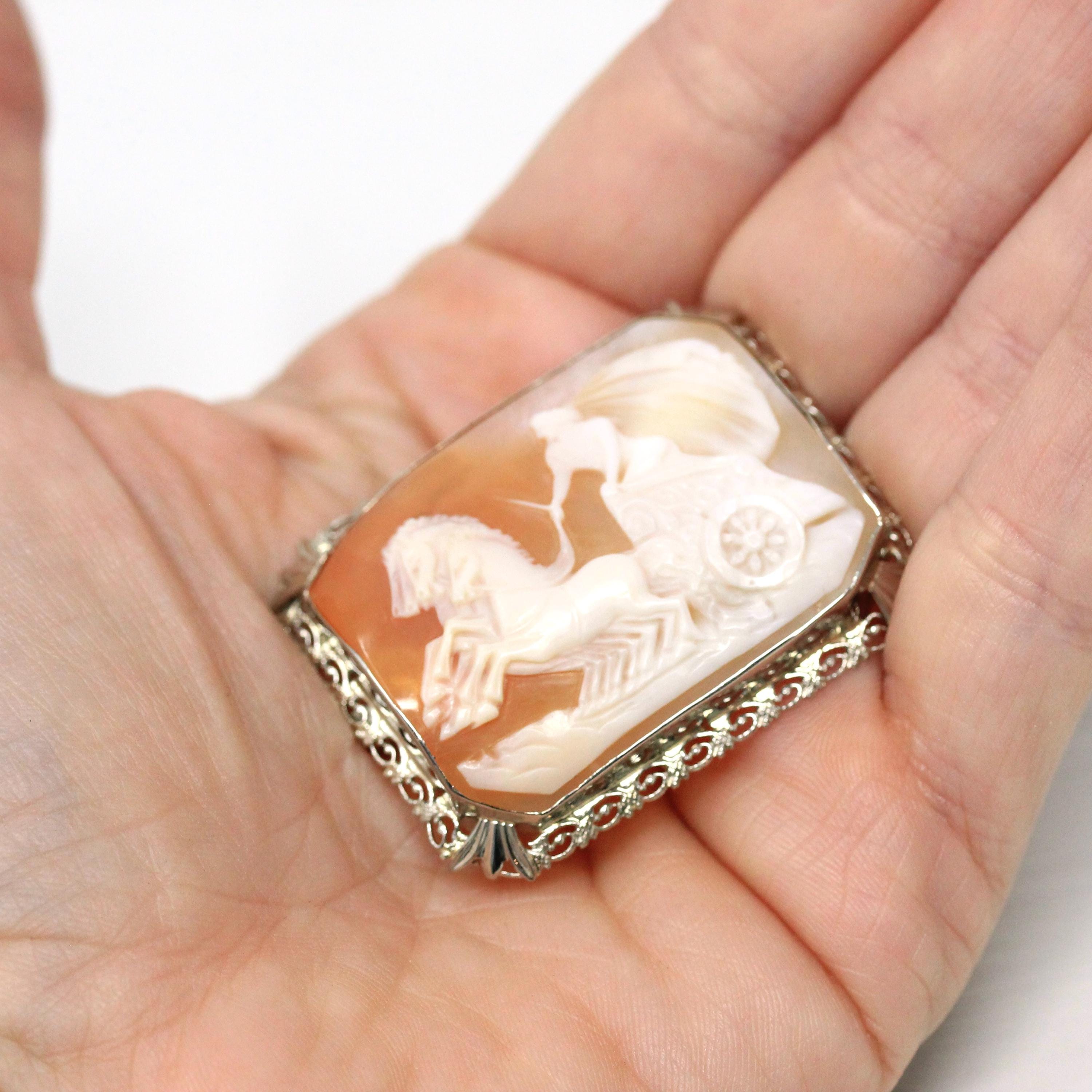 Vintage Cameo Brooch - Art Deco Era 14K White Gold Filigree Carved Shell Landscape Portrait Pin - 1930s Greek Goddess Nike Victory Jewelry