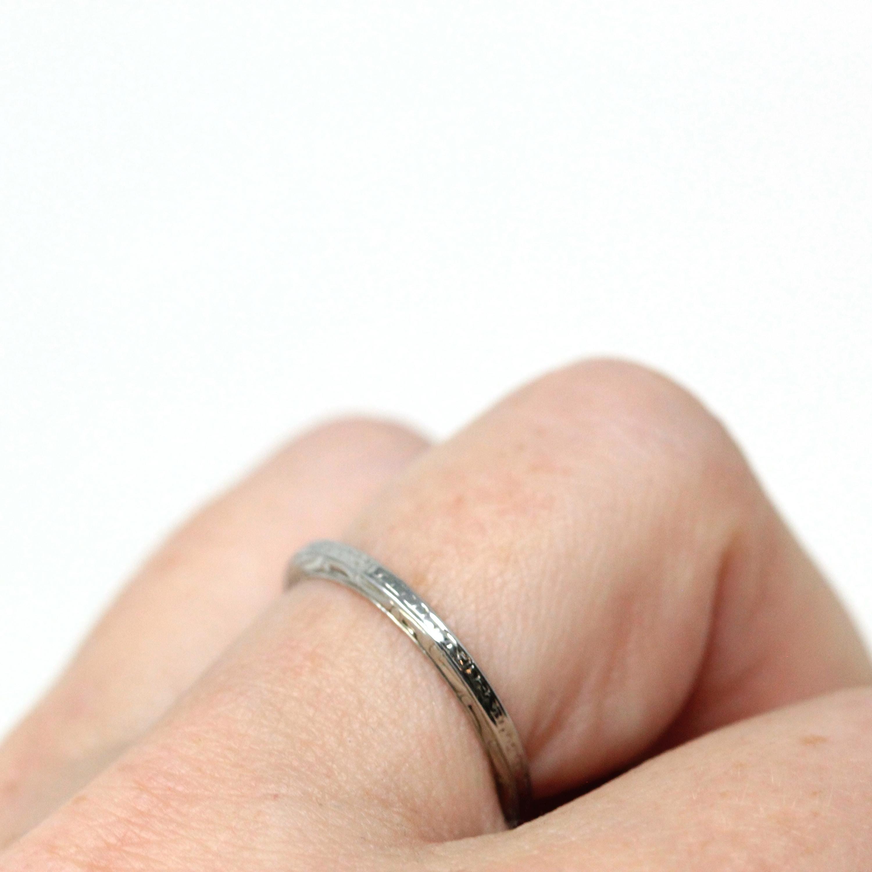 Antique Wedding Band - Art Deco Era 18k White Gold Eternity Design Ring - Vintage Circa 1920s Size 5 3/4 Stacking Bridal Fine 20s Jewelry