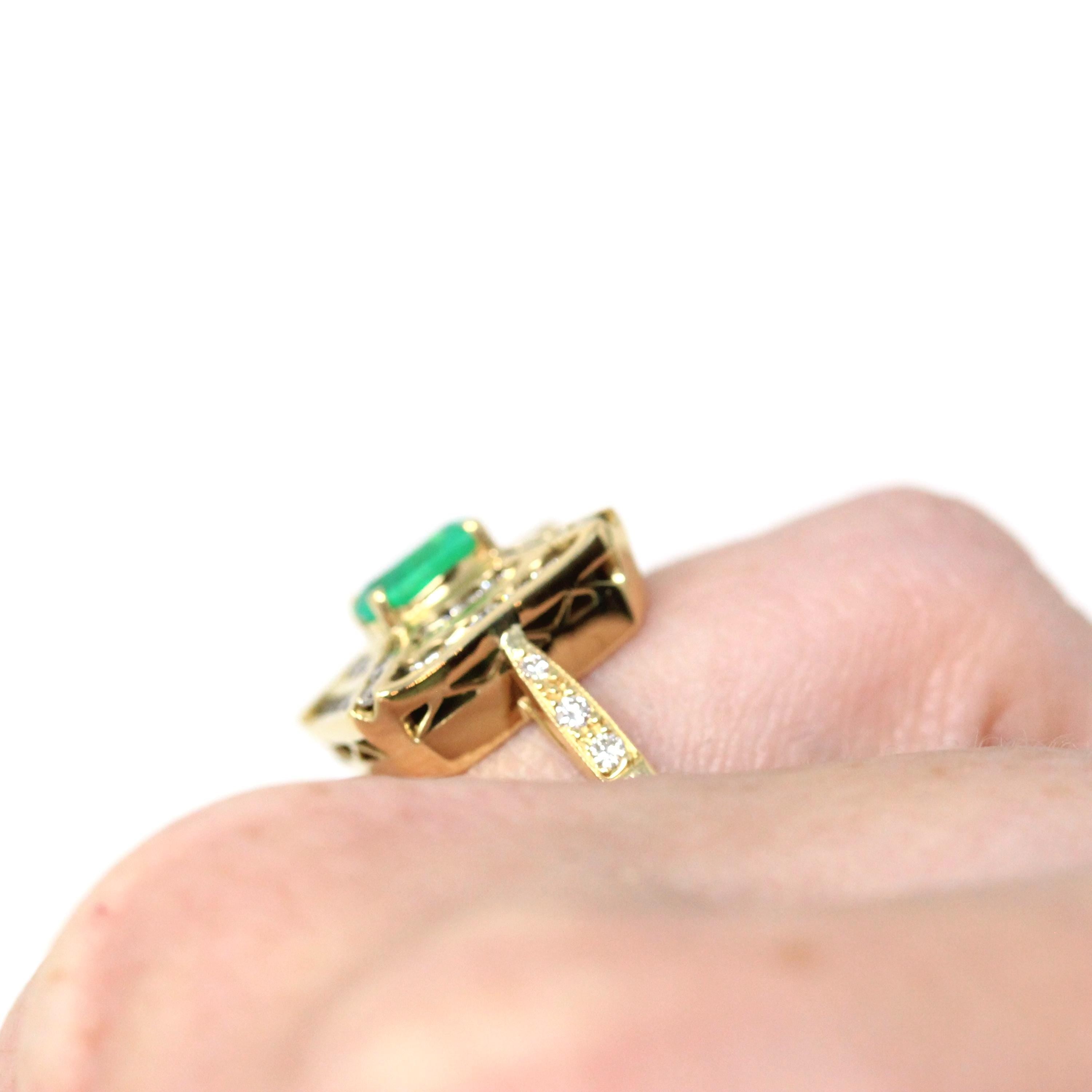 Emerald & Diamond Halo Ring - Estate 18k Yellow Gold Genuine Green Gemstone - Modern 2000's Era Size 5 1/2 May Birthstone Engagement Jewelry