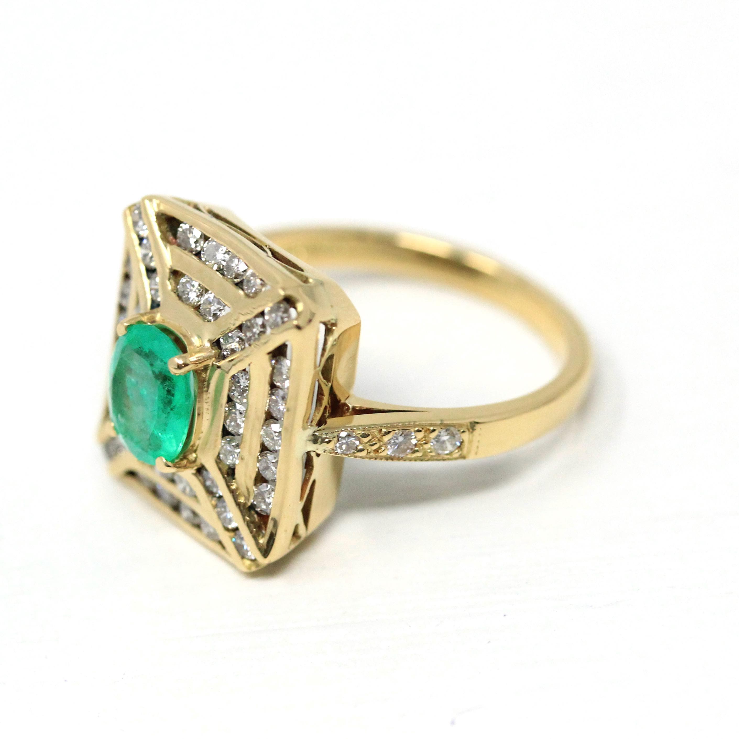 Emerald & Diamond Halo Ring - Estate 18k Yellow Gold Genuine Green Gemstone - Modern 2000's Era Size 5 1/2 May Birthstone Engagement Jewelry