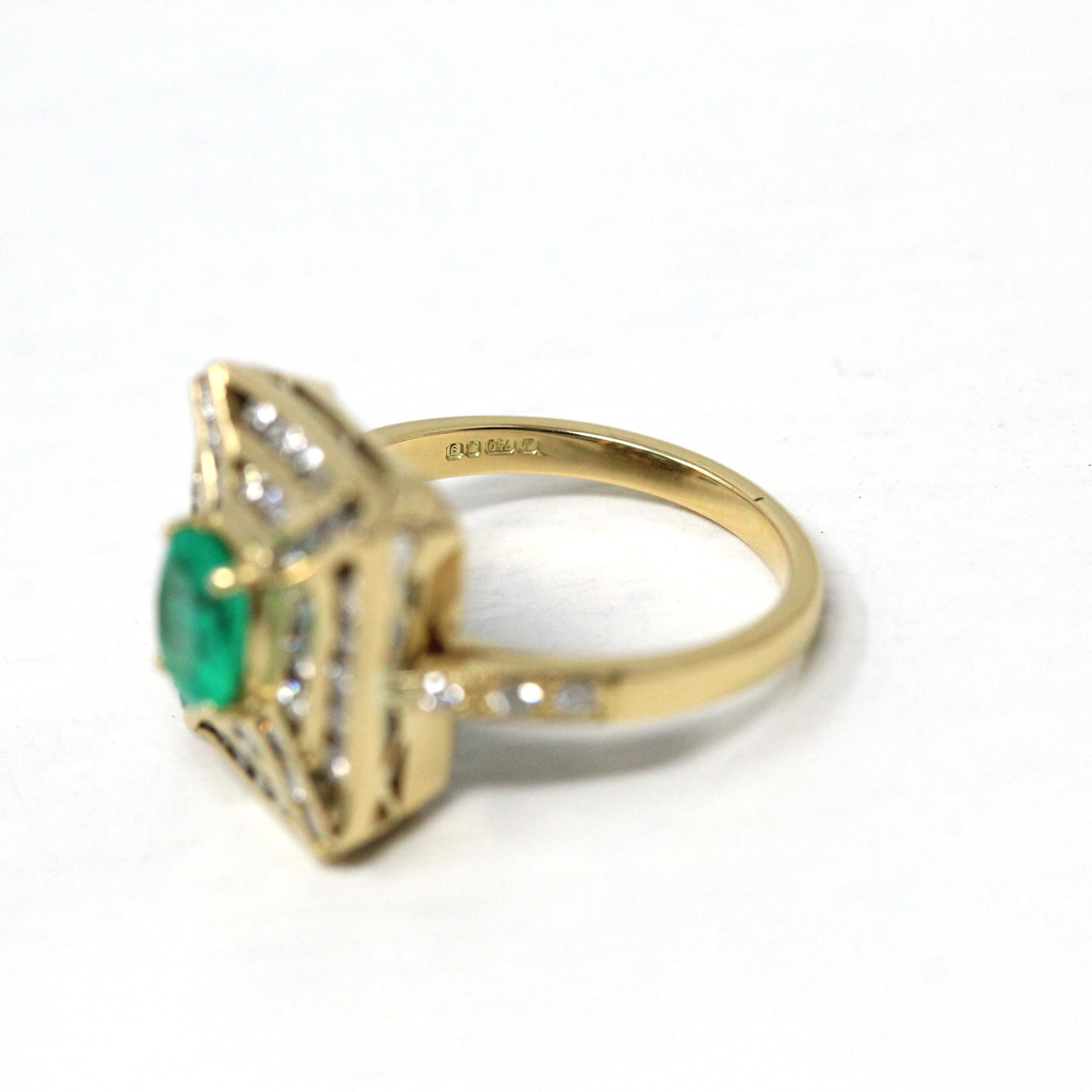 Emerald & Diamond Halo Ring - Estate 18k Yellow Gold Genuine Green Gemstone - Modern 2000's Era Size 5 1/2 May Birthstone Engagement Jewelry
