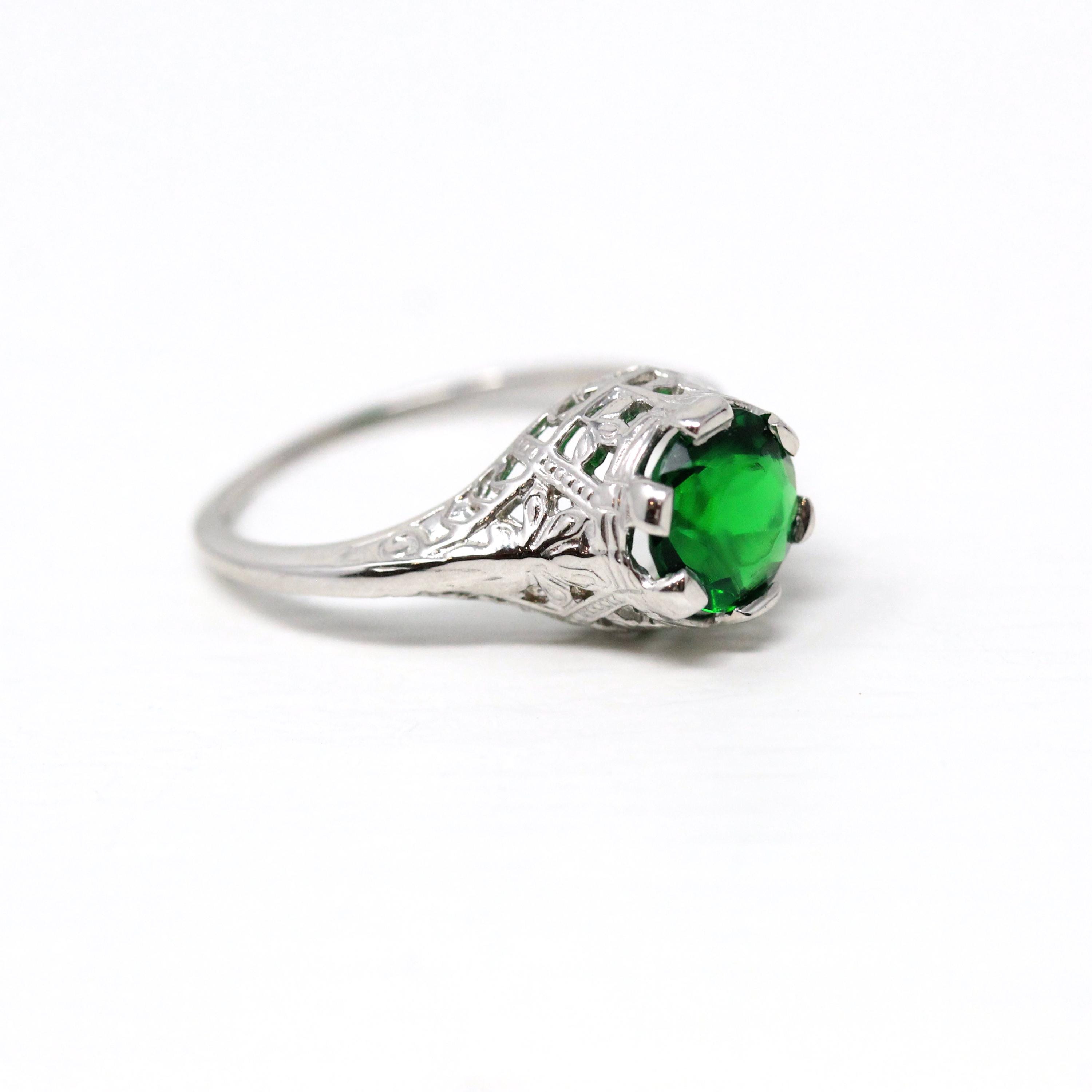 Simulated Emerald Ring - Vintage 1930s 14k White Gold Green Faceted Glass Gem Solitaire - Art Deco Sz 5 3/4 Fine Filigree Birthstone Jewelry