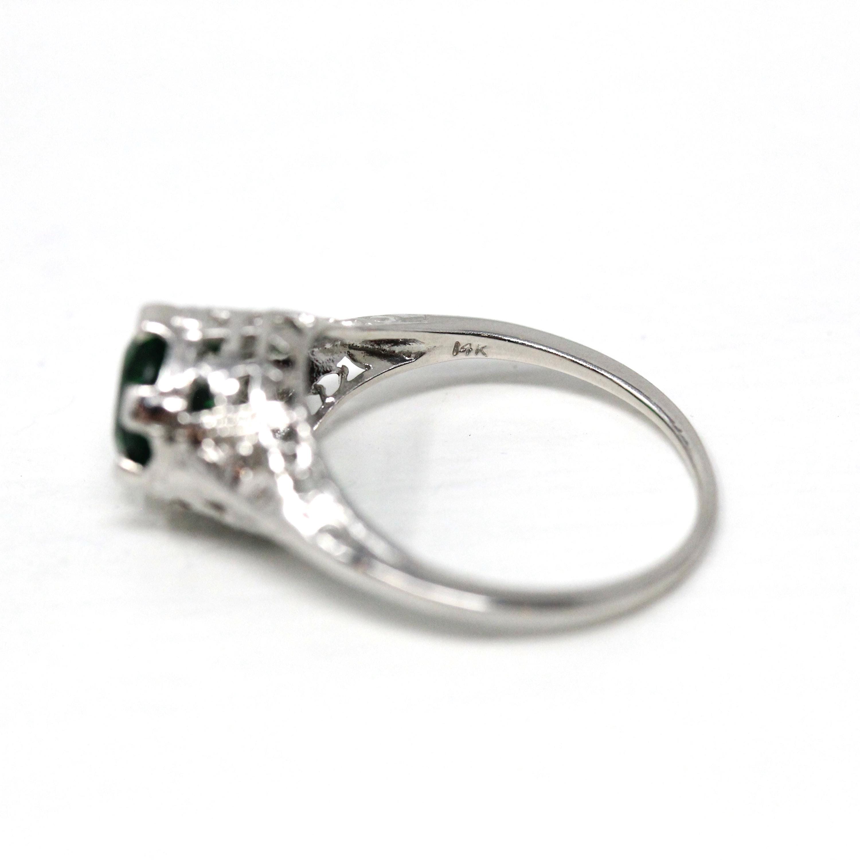 Simulated Emerald Ring - Vintage 1930s 14k White Gold Green Faceted Glass Gem Solitaire - Art Deco Sz 5 3/4 Fine Filigree Birthstone Jewelry