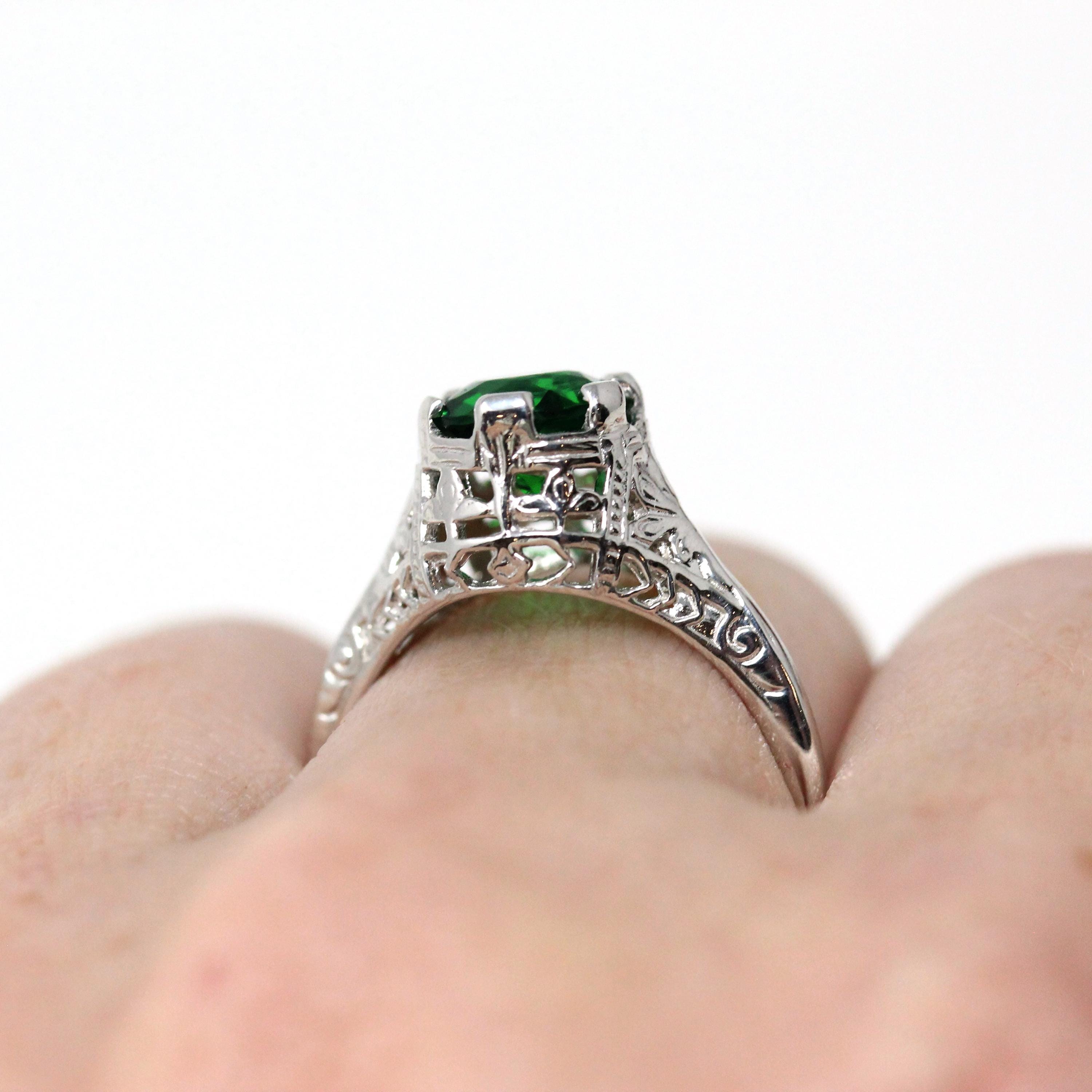 Simulated Emerald Ring - Vintage 1930s 14k White Gold Green Faceted Glass Gem Solitaire - Art Deco Sz 5 3/4 Fine Filigree Birthstone Jewelry