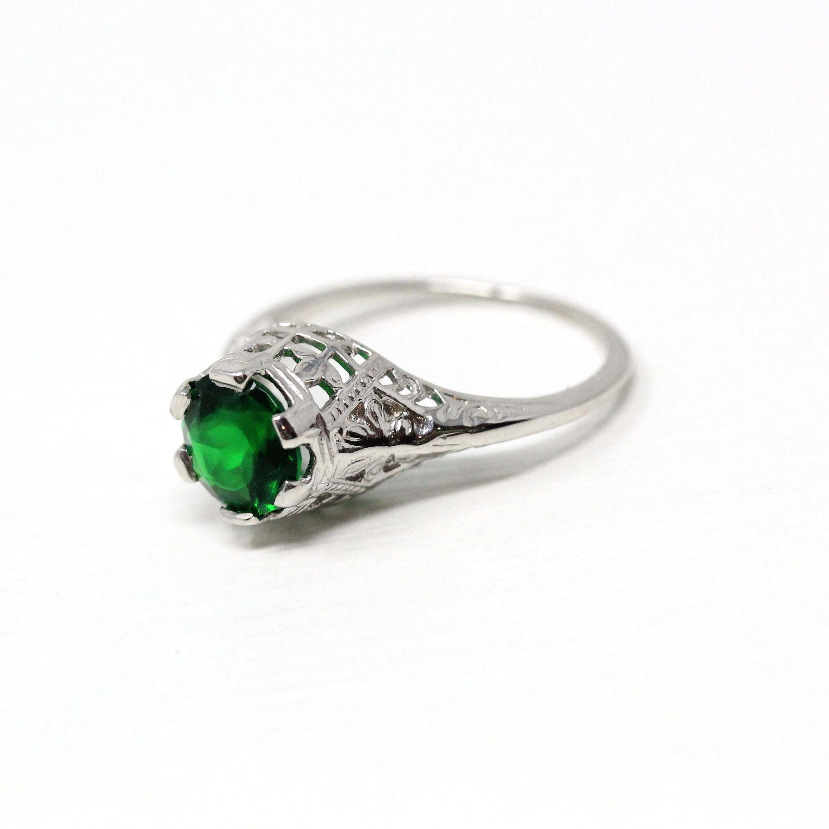 Simulated Emerald Ring - Vintage 1930s 14k White Gold Green Faceted Glass Gem Solitaire - Art Deco Sz 5 3/4 Fine Filigree Birthstone Jewelry