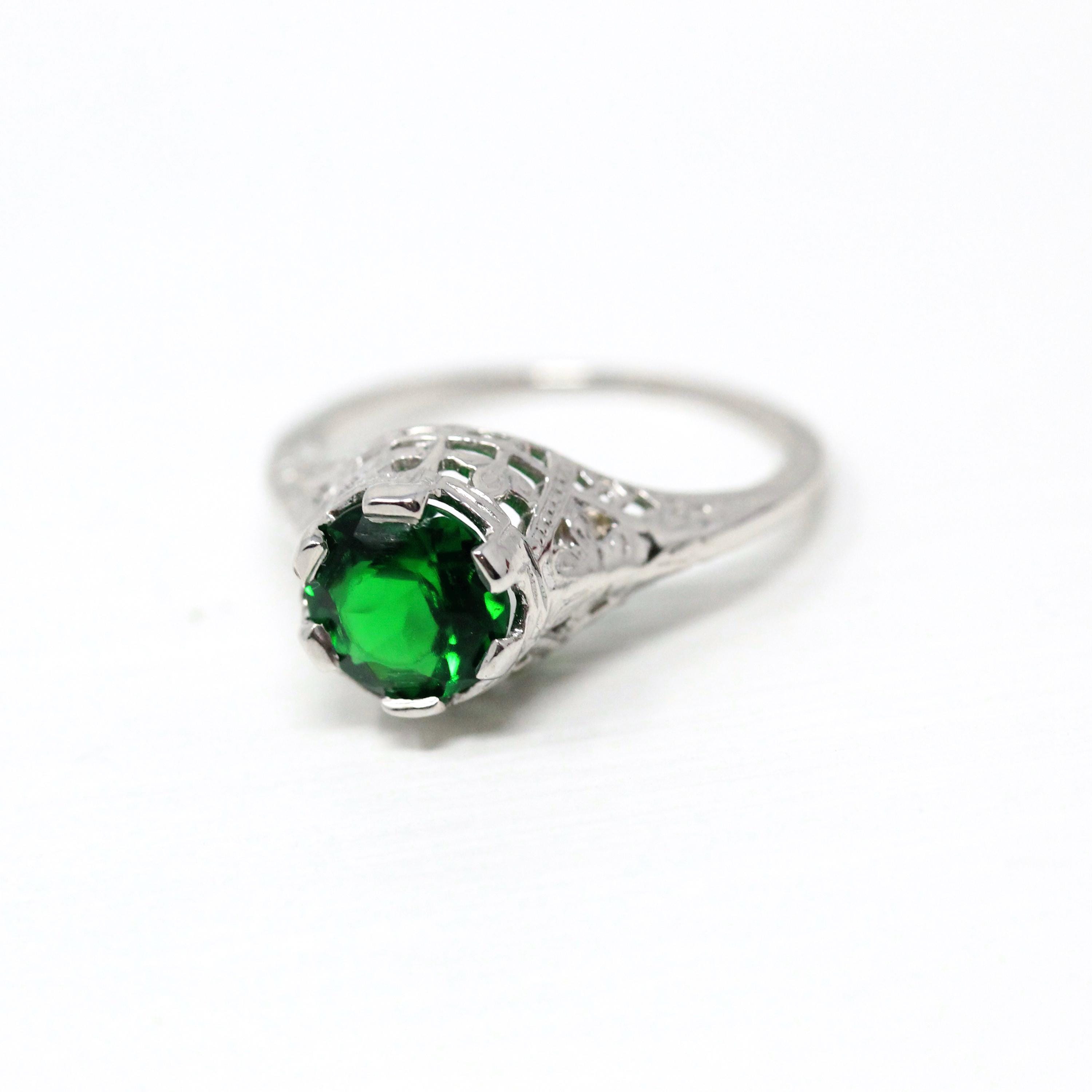 Simulated Emerald Ring - Vintage 1930s 14k White Gold Green Faceted Glass Gem Solitaire - Art Deco Sz 5 3/4 Fine Filigree Birthstone Jewelry