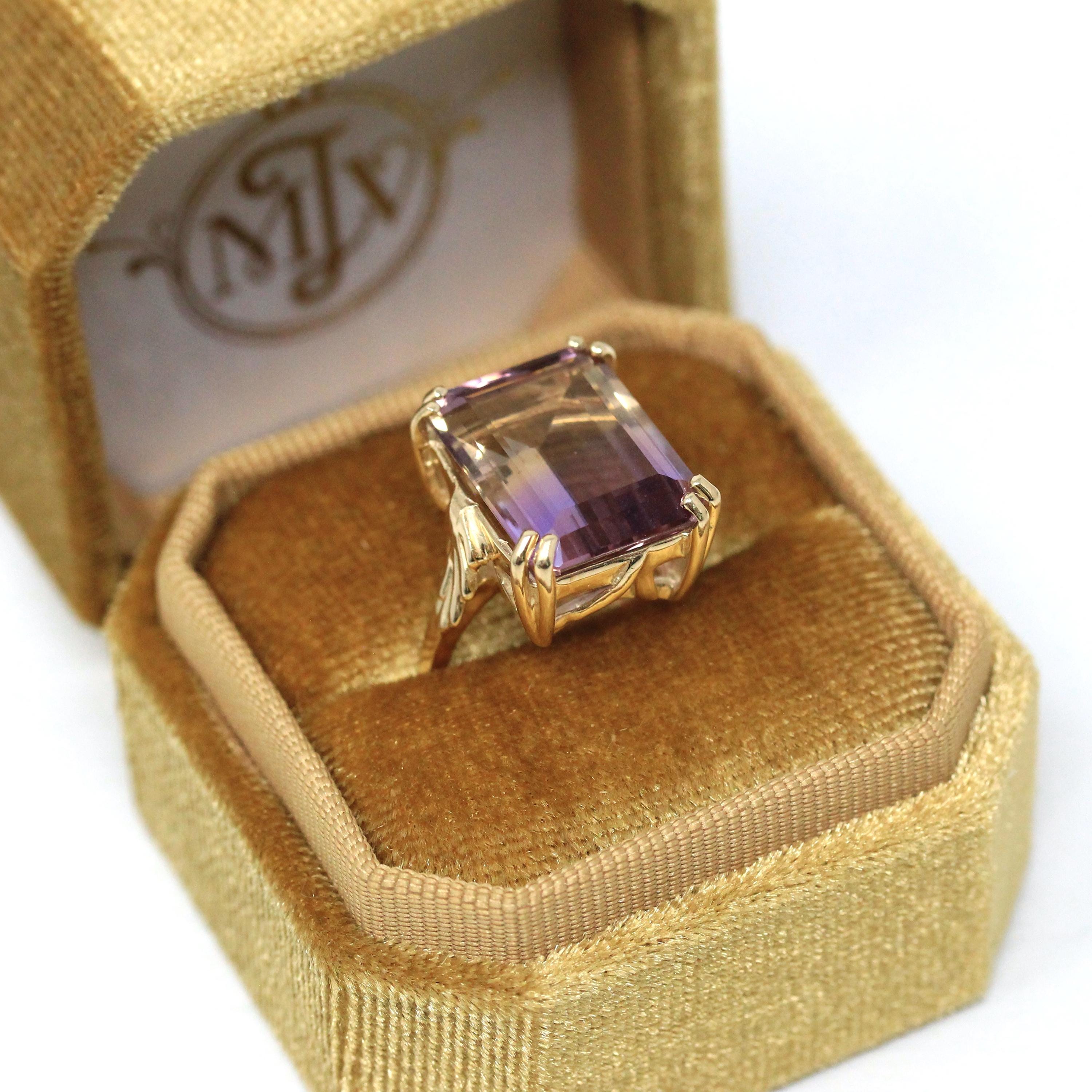 Genuine Ametrine Ring - 14k Yellow Gold Statement Rectangular Multi Color Gem - Modern 2000s Size 6 Purple Yellow Solitaire Fine Y2K Jewelry