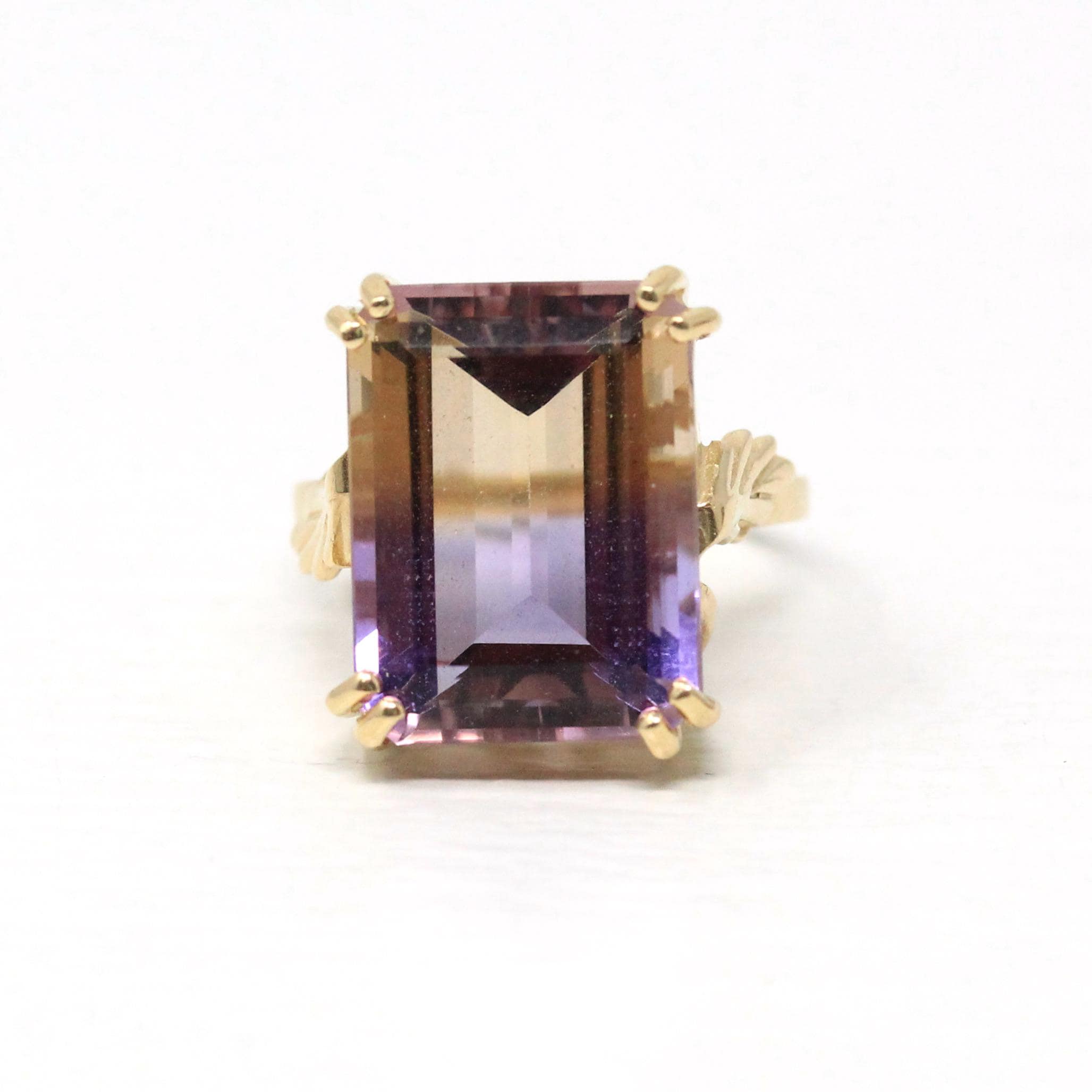 Genuine Ametrine Ring - 14k Yellow Gold Statement Rectangular Multi Color Gem - Modern 2000s Size 6 Purple Yellow Solitaire Fine Y2K Jewelry