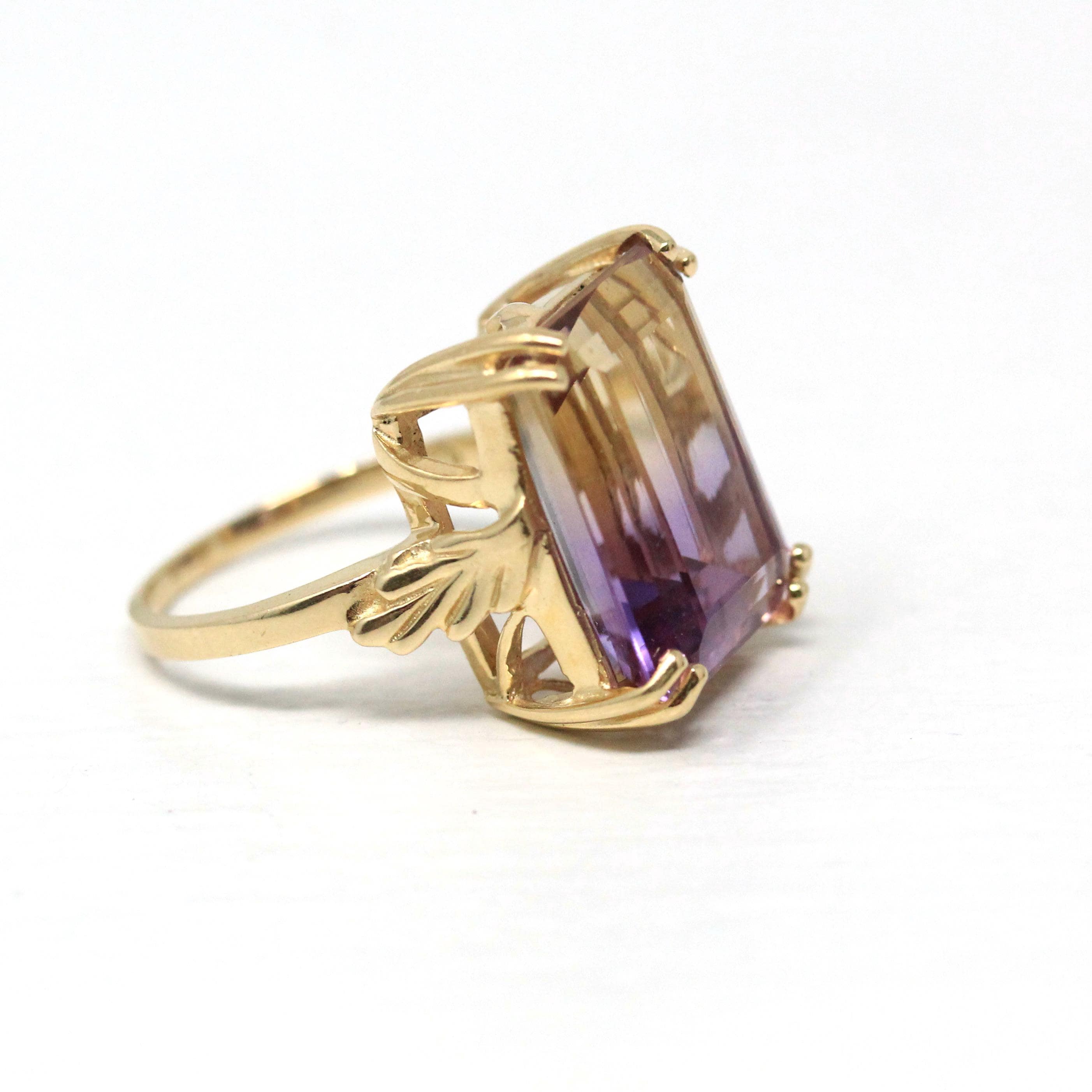 Genuine Ametrine Ring - 14k Yellow Gold Statement Rectangular Multi Color Gem - Modern 2000s Size 6 Purple Yellow Solitaire Fine Y2K Jewelry