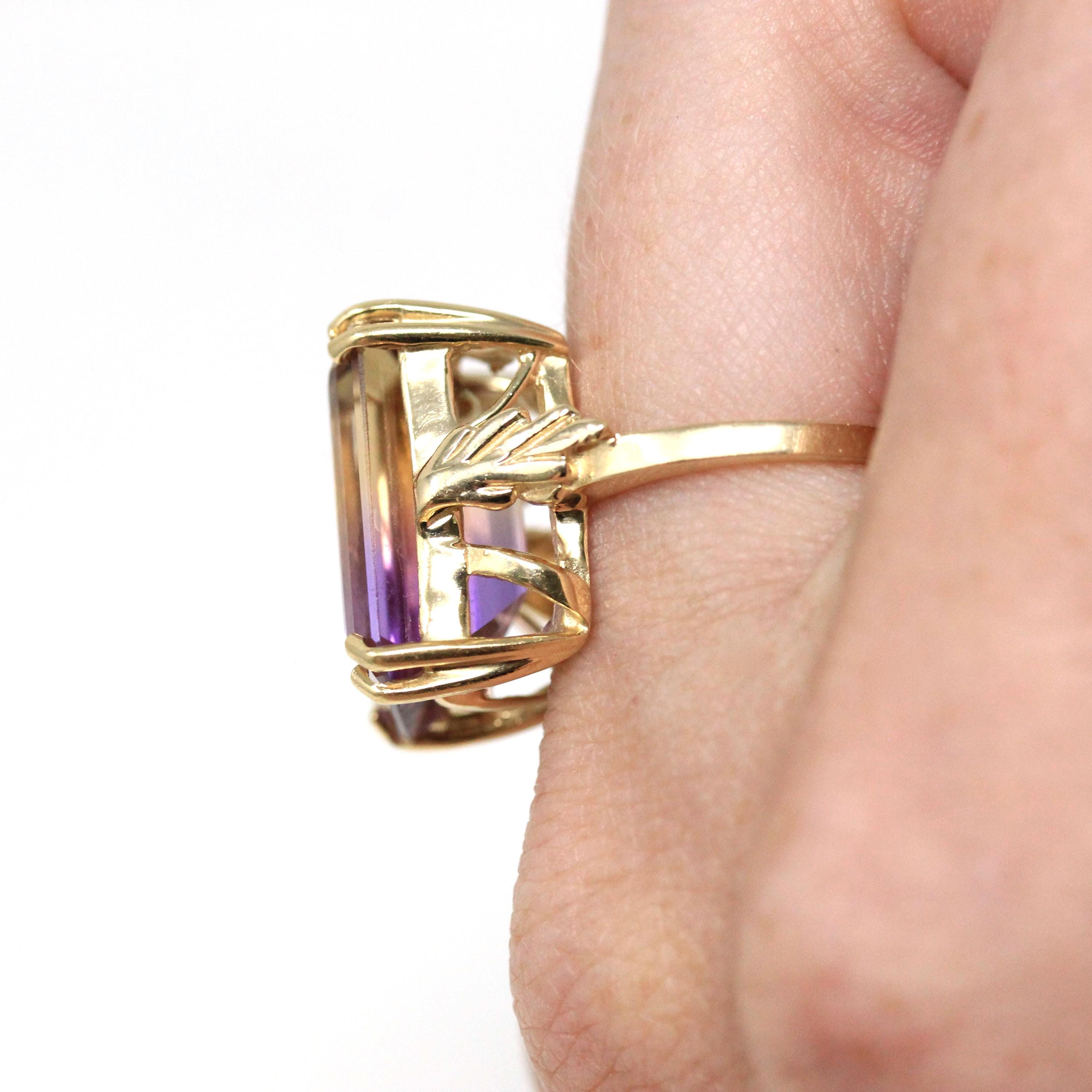 Genuine Ametrine Ring - 14k Yellow Gold Statement Rectangular Multi Color Gem - Modern 2000s Size 6 Purple Yellow Solitaire Fine Y2K Jewelry