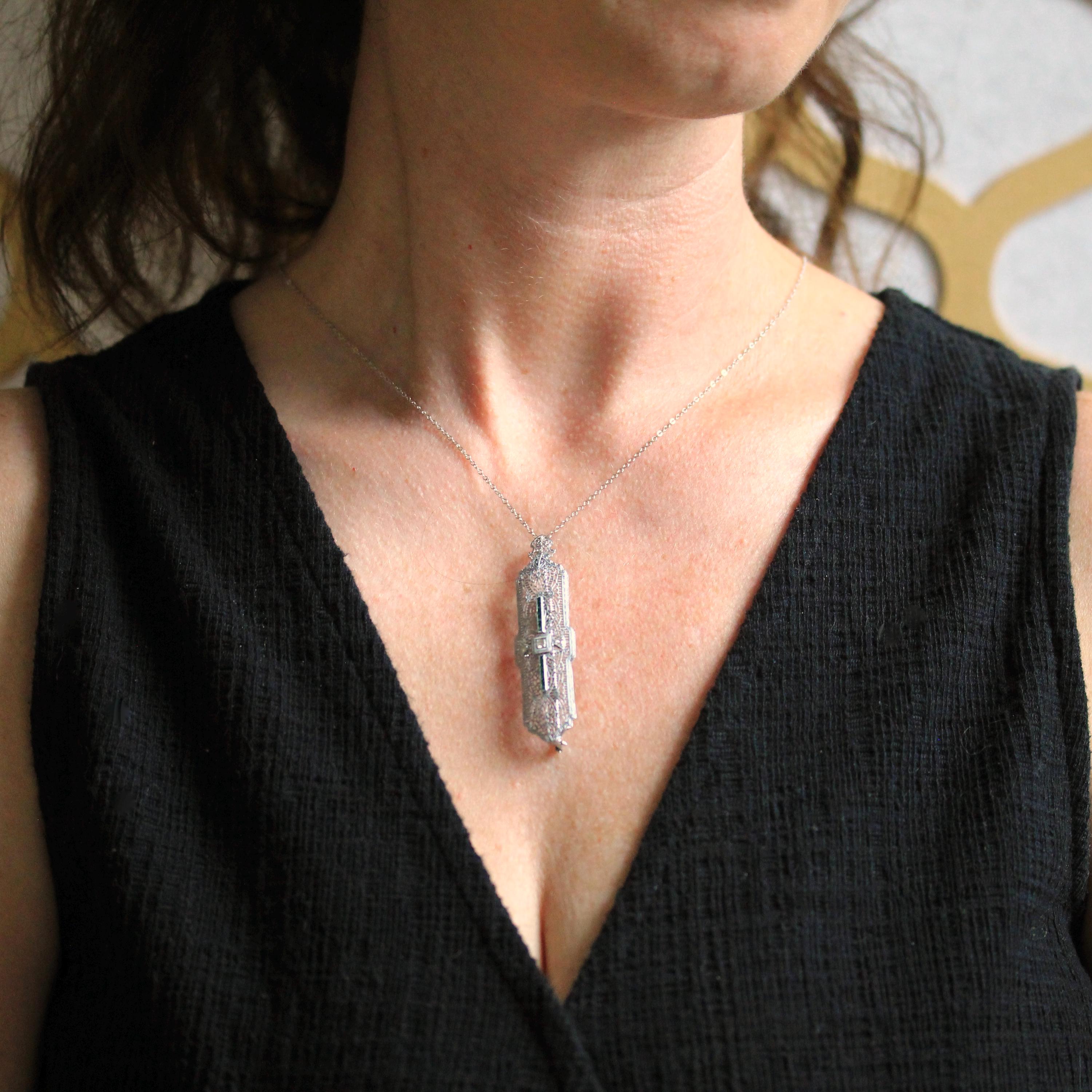 Art Deco Necklace - Vintage 14k White Gold Flower Filigree Diamond Simulated Emerald Pendant - Circa 1930s Brooch Conversion Fine Jewelry