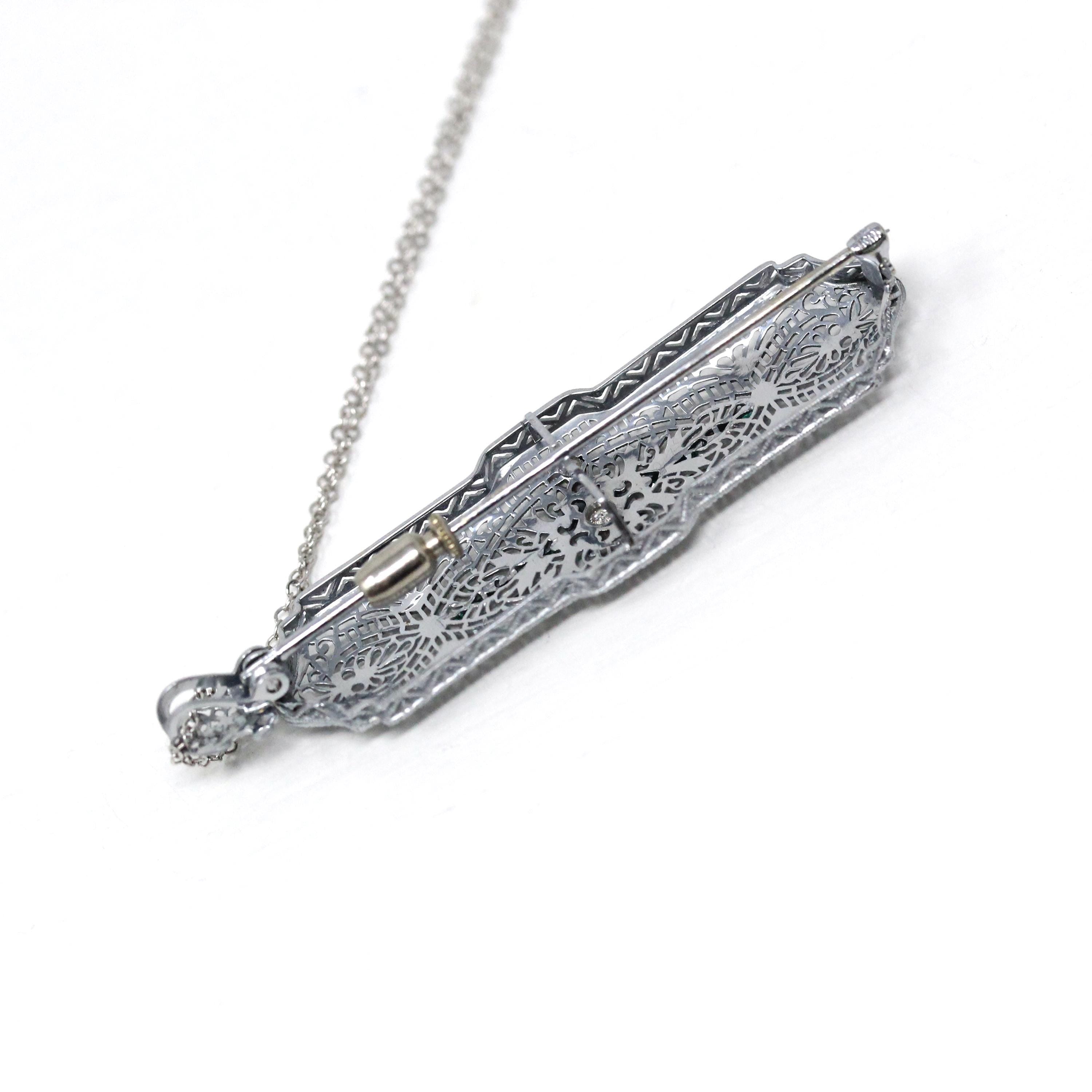 Art Deco Necklace - Vintage 14k White Gold Flower Filigree Diamond Simulated Emerald Pendant - Circa 1930s Brooch Conversion Fine Jewelry