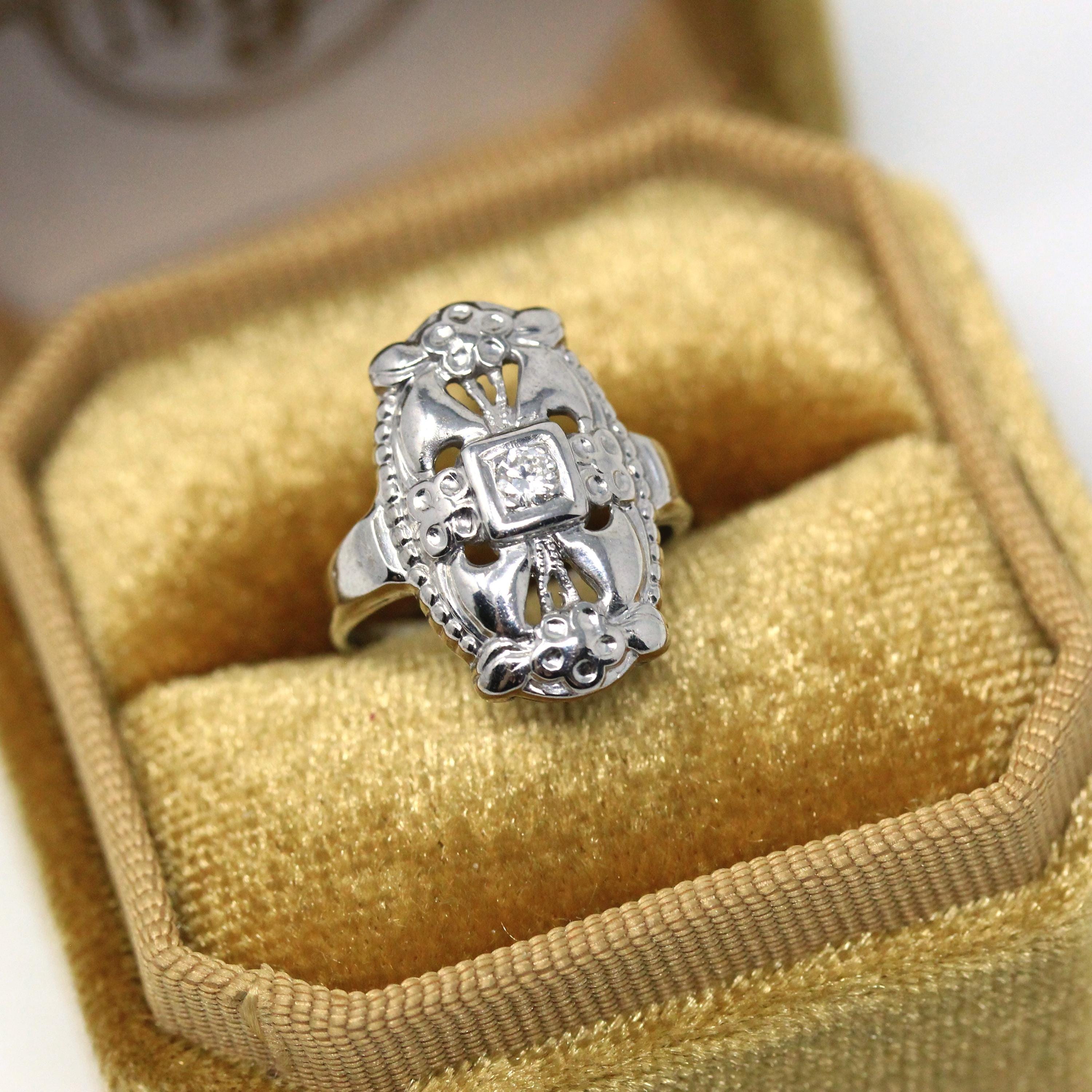 Mid Century Shield Ring - Vintage 14k White Gold Genuine .08 CT Diamond Gemstone - Circa 1950s Era Size 3 Floral Open Metal Fine Jewelry