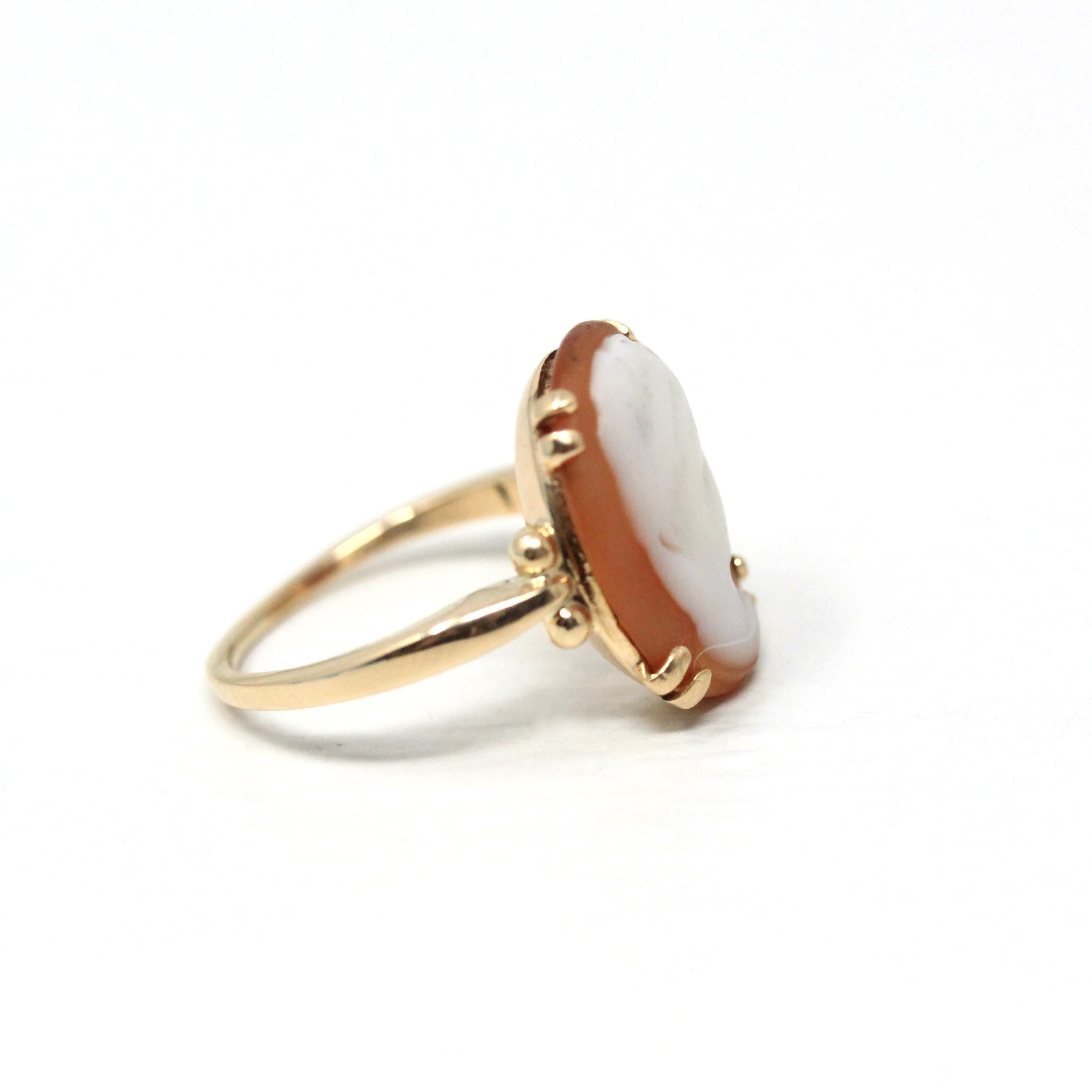 Vintage Cameo Ring - Retro 14k Yellow Gold Carved Shell Woman's Profile Silhouette - Circa 1970s Era Size 4 1/4 Statement Fine 70s Jewelry