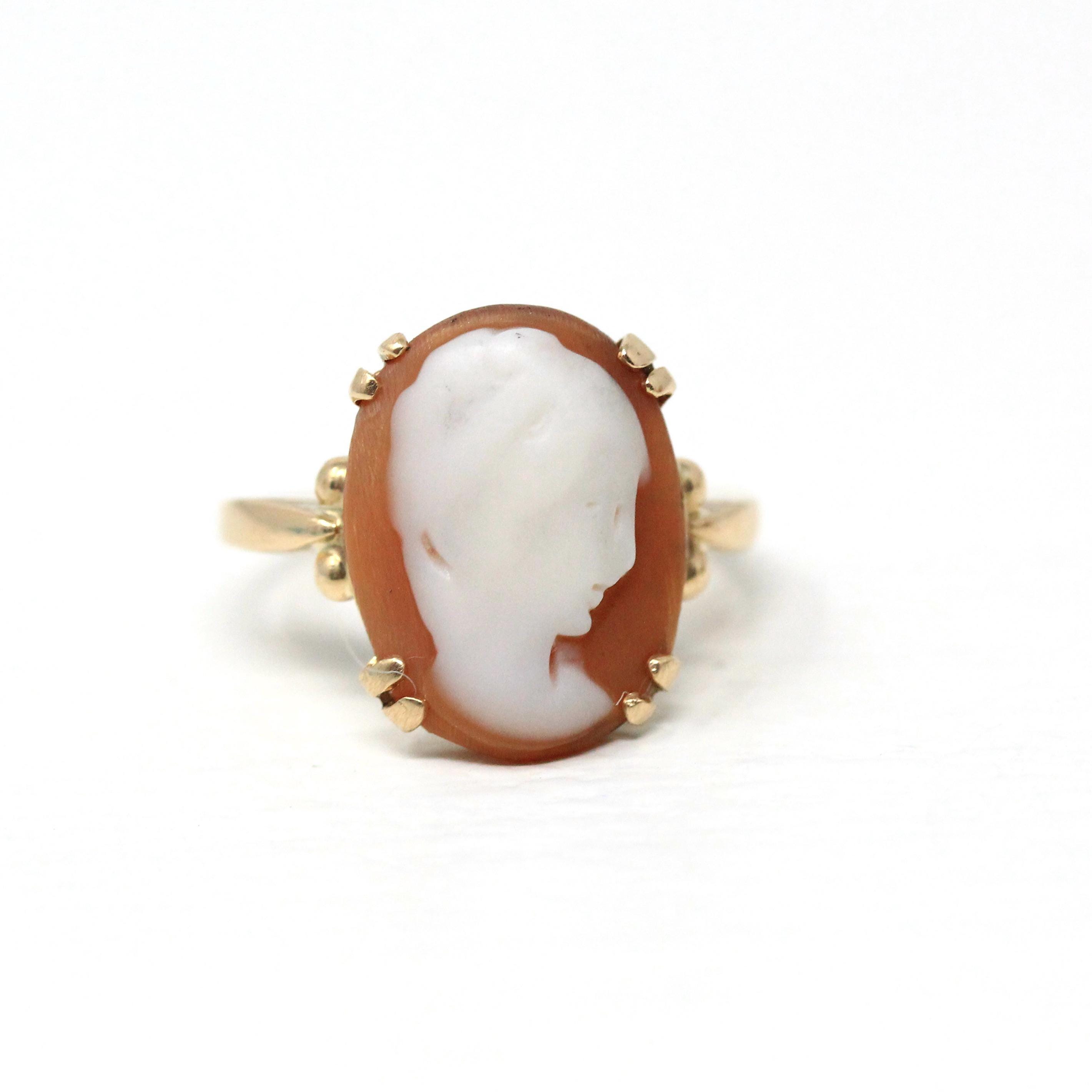 Vintage Cameo Ring - Retro 14k Yellow Gold Carved Shell Woman's Profile Silhouette - Circa 1970s Era Size 4 1/4 Statement Fine 70s Jewelry