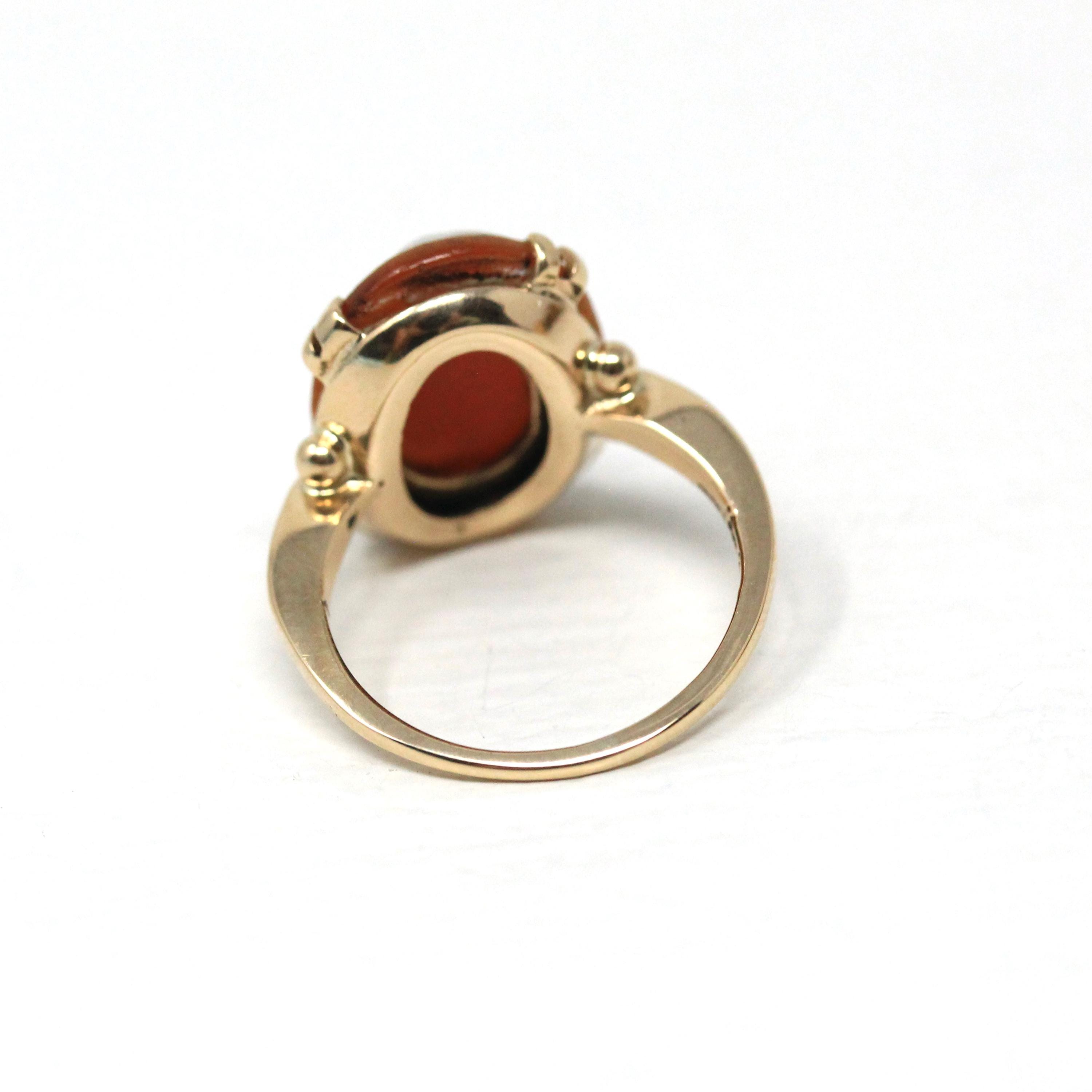 Vintage Cameo Ring - Retro 14k Yellow Gold Carved Shell Woman's Profile Silhouette - Circa 1970s Era Size 4 1/4 Statement Fine 70s Jewelry