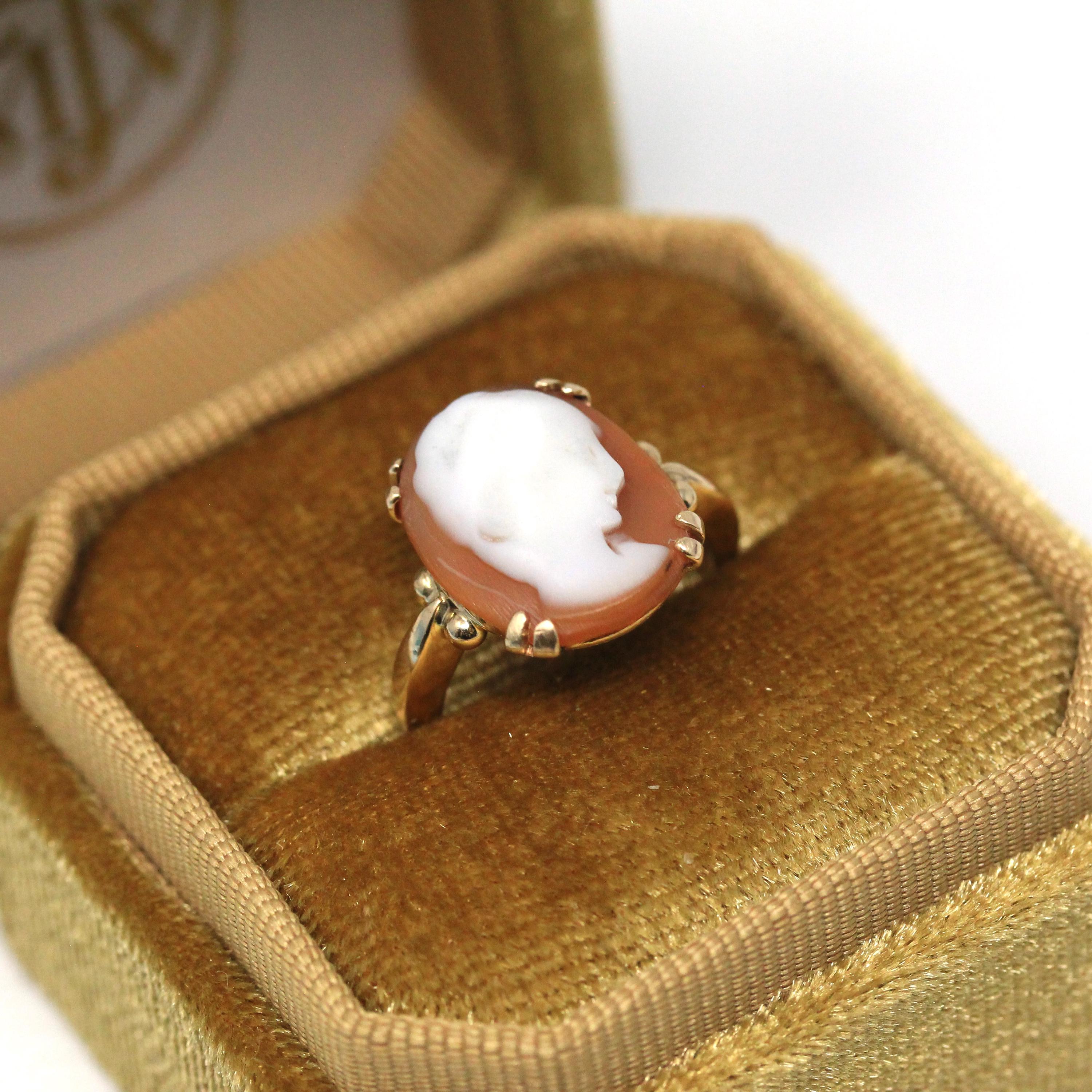 Vintage Cameo Ring - Retro 14k Yellow Gold Carved Shell Woman's Profile Silhouette - Circa 1970s Era Size 4 1/4 Statement Fine 70s Jewelry