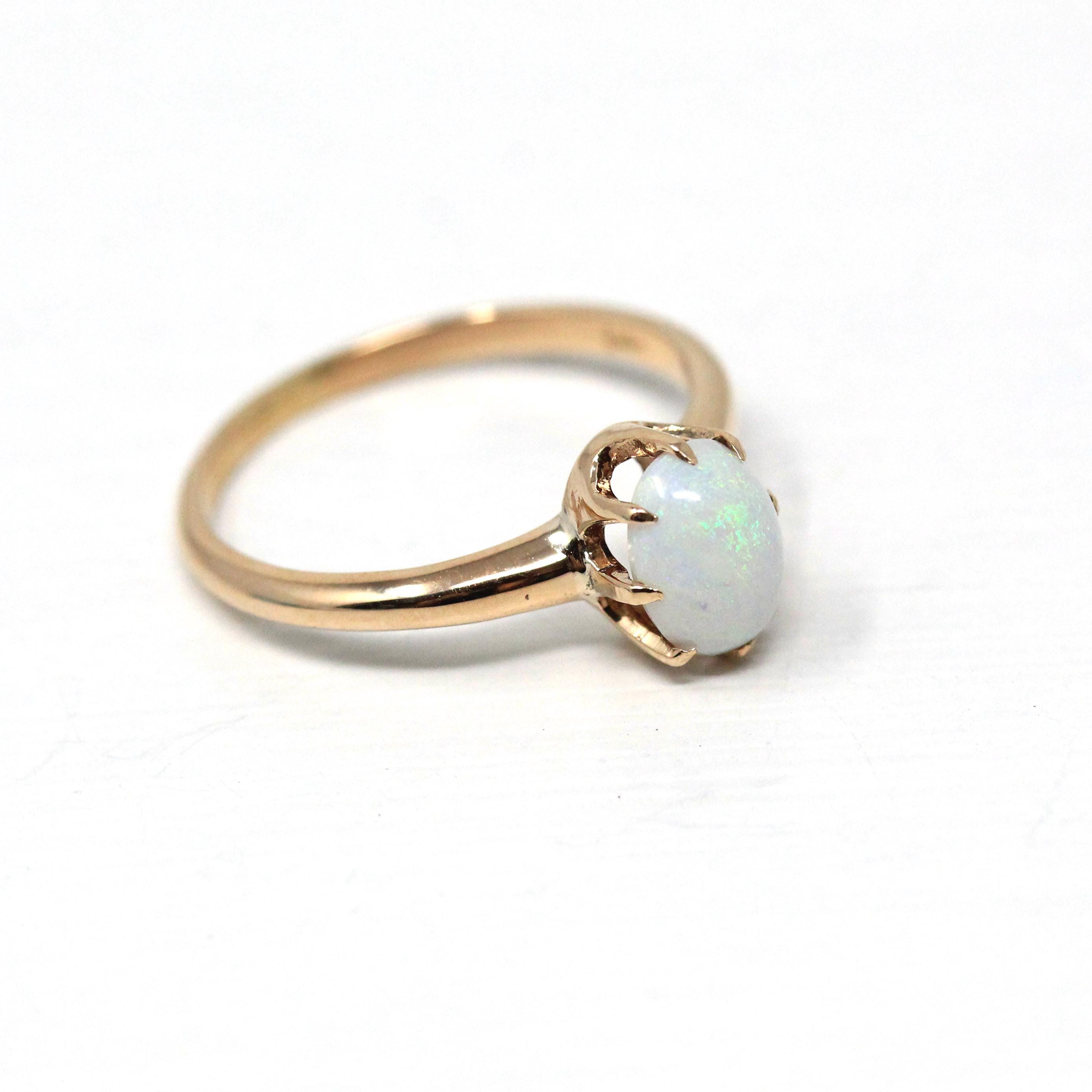 Edwardian Opal Ring - Antique 10k Yellow Gold Oval Cabochon Cut Gemstone - Vintage Circa 1910s Era Size 5 October Birthstone Fine Jewelry