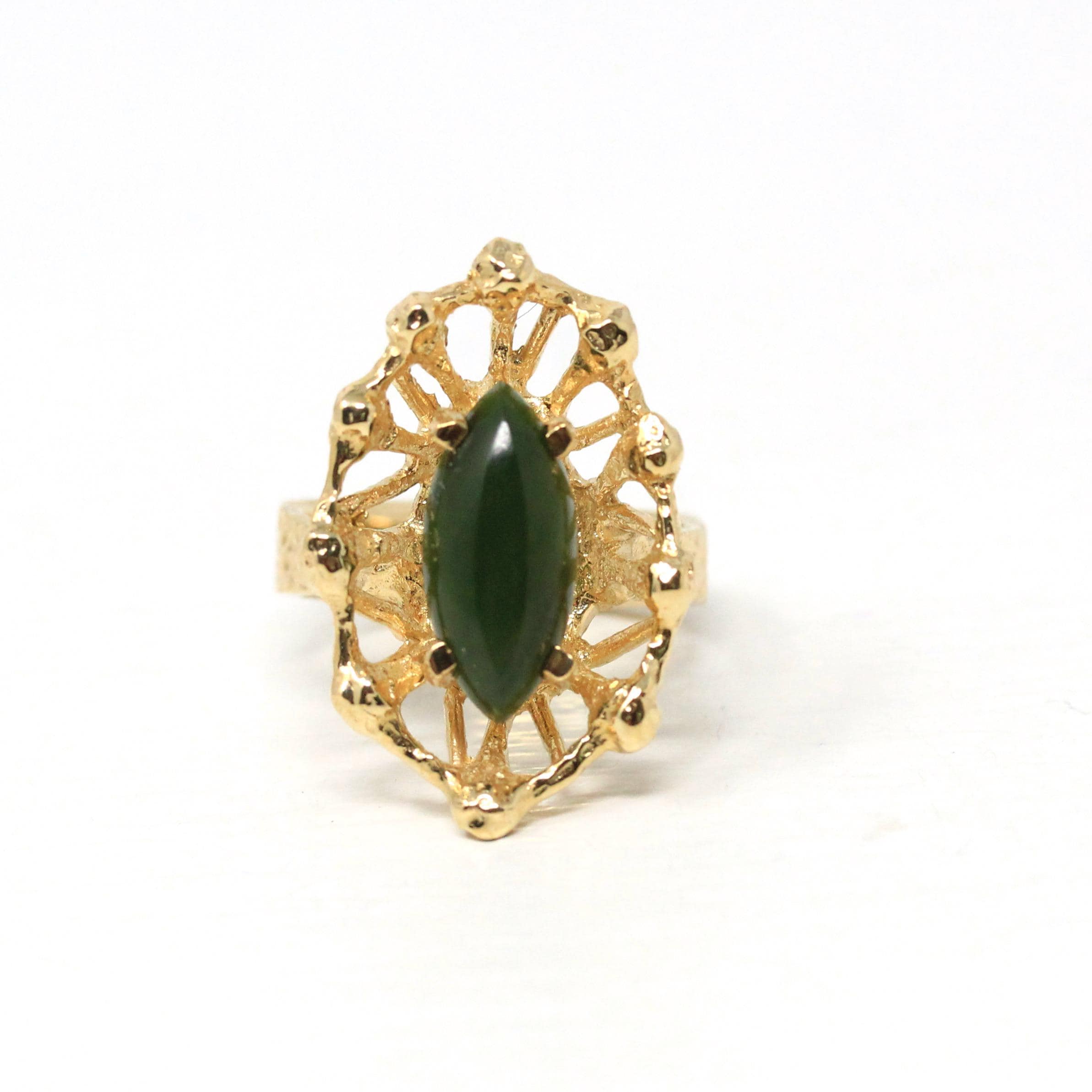 Nephrite Jade Ring - Retro 10k Yellow Gold Marquise Cut Genuine Green Gem 70s Statement - Vintage Circa 1970s Size 6 Textured Fine Jewelry