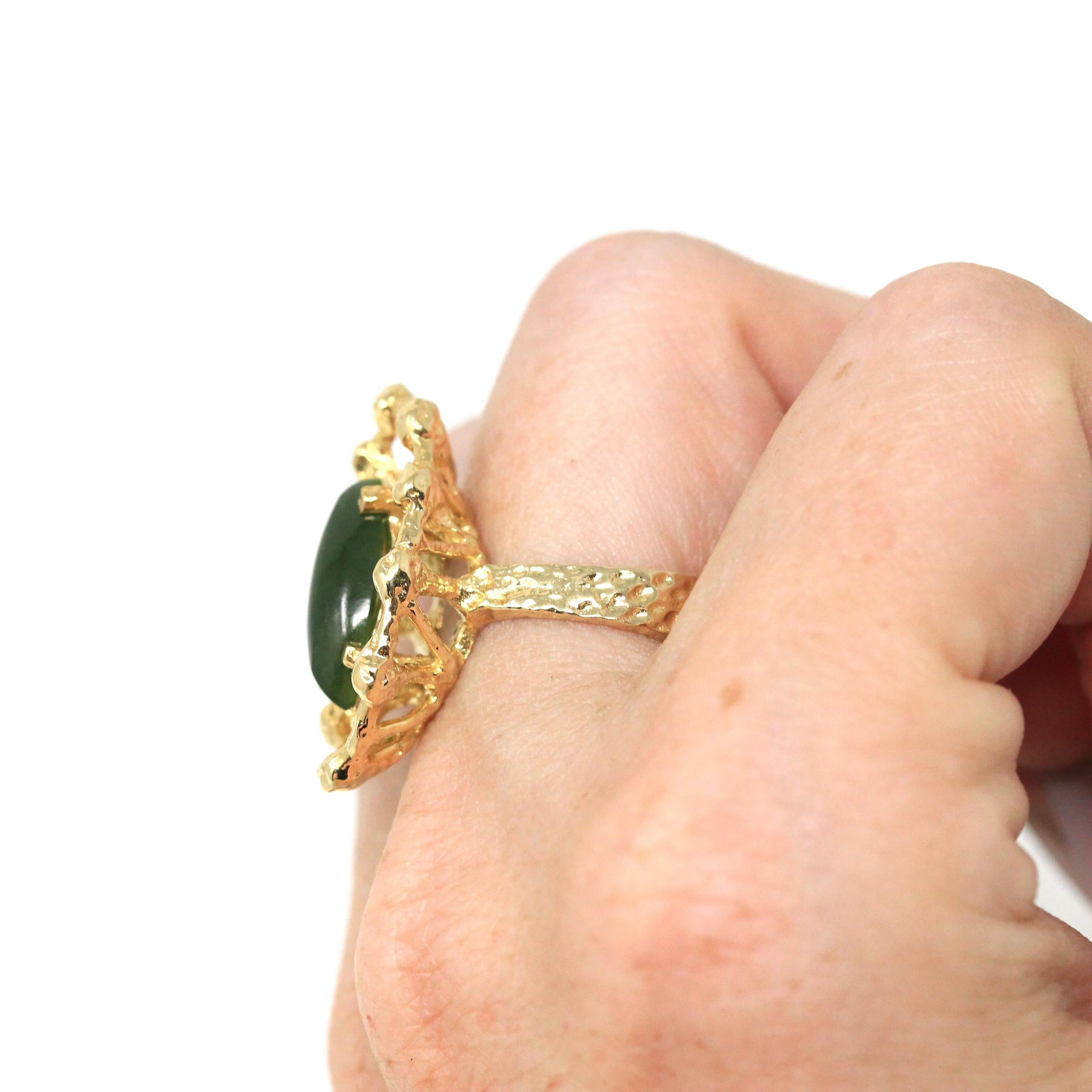 Nephrite Jade Ring - Retro 10k Yellow Gold Marquise Cut Genuine Green Gem 70s Statement - Vintage Circa 1970s Size 6 Textured Fine Jewelry