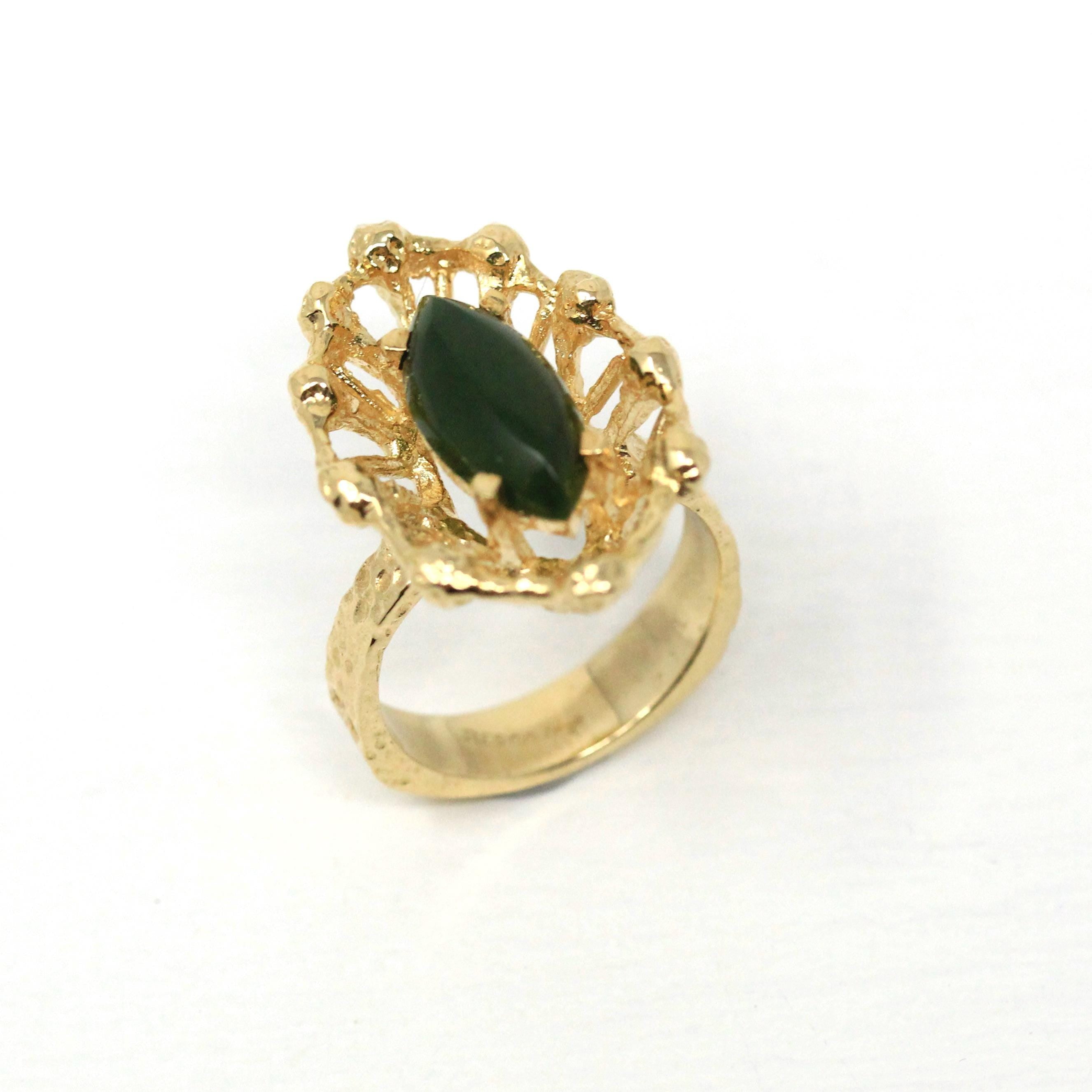 Nephrite Jade Ring - Retro 10k Yellow Gold Marquise Cut Genuine Green Gem 70s Statement - Vintage Circa 1970s Size 6 Textured Fine Jewelry
