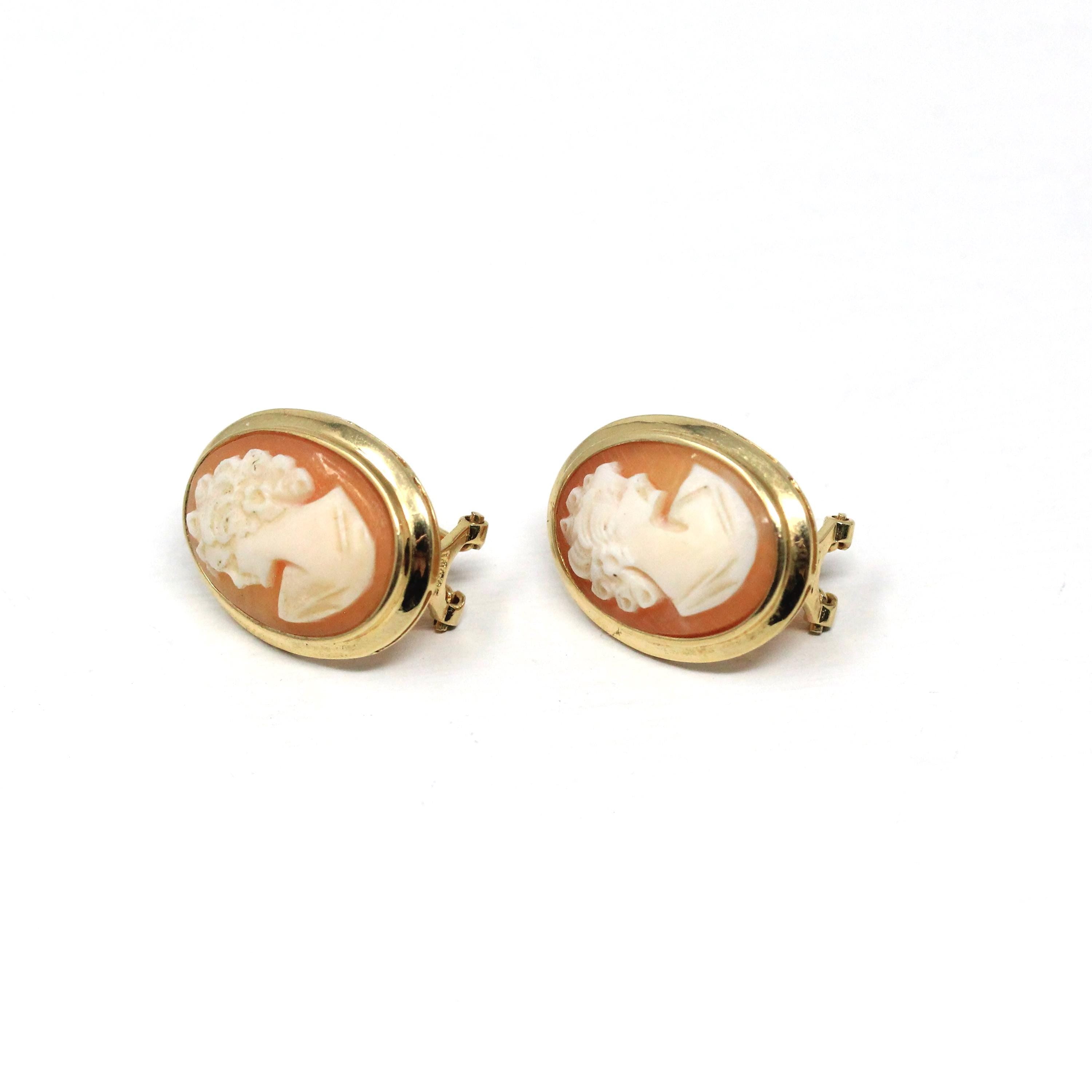 Retro Cameo Earrings - Vintage 14k Yellow Gold Bezel Set Clipback Post Pierced Studs - Circa 1970s Push Back Woman's Profile Fine Jewelry