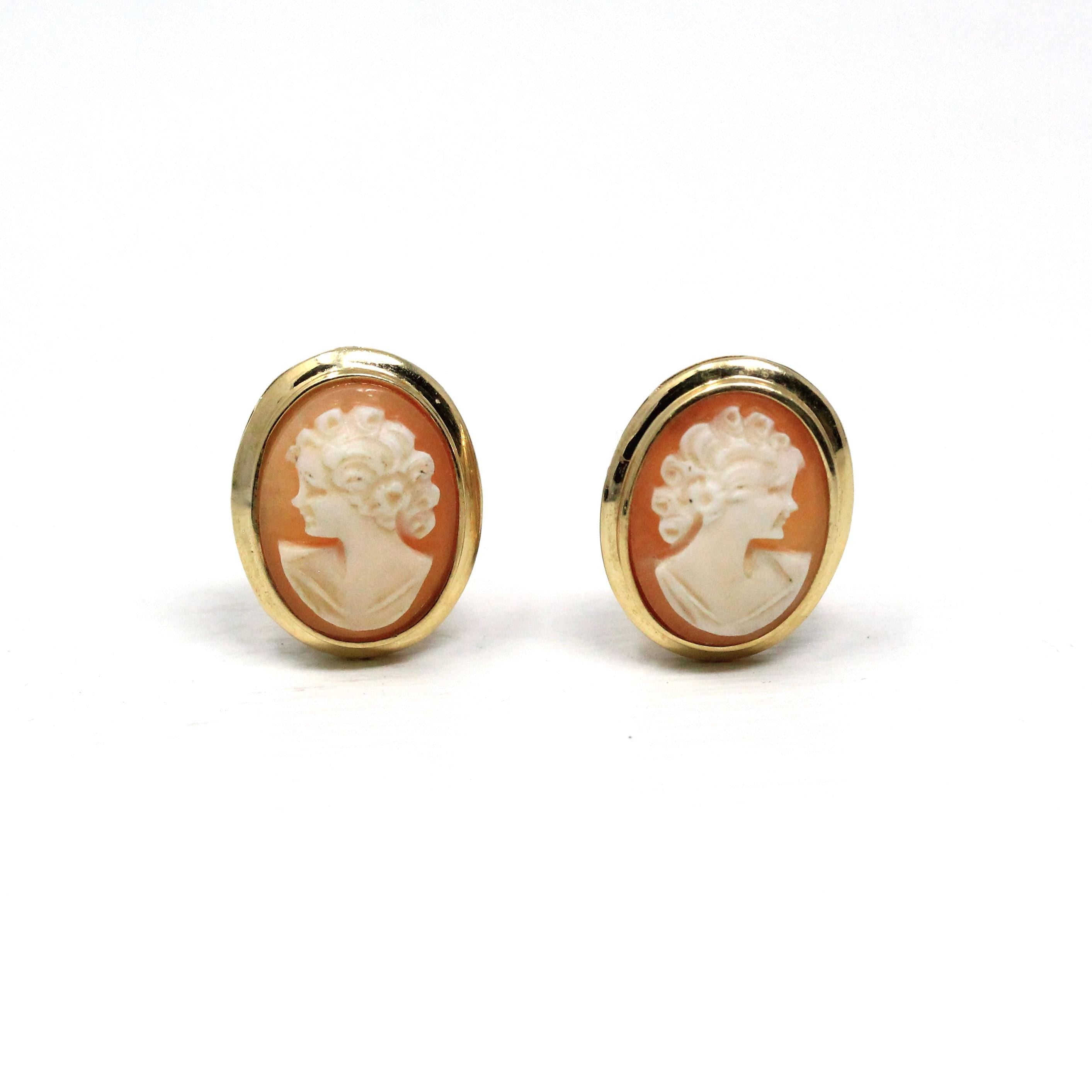 Retro Cameo Earrings - Vintage 14k Yellow Gold Bezel Set Clipback Post Pierced Studs - Circa 1970s Push Back Woman's Profile Fine Jewelry