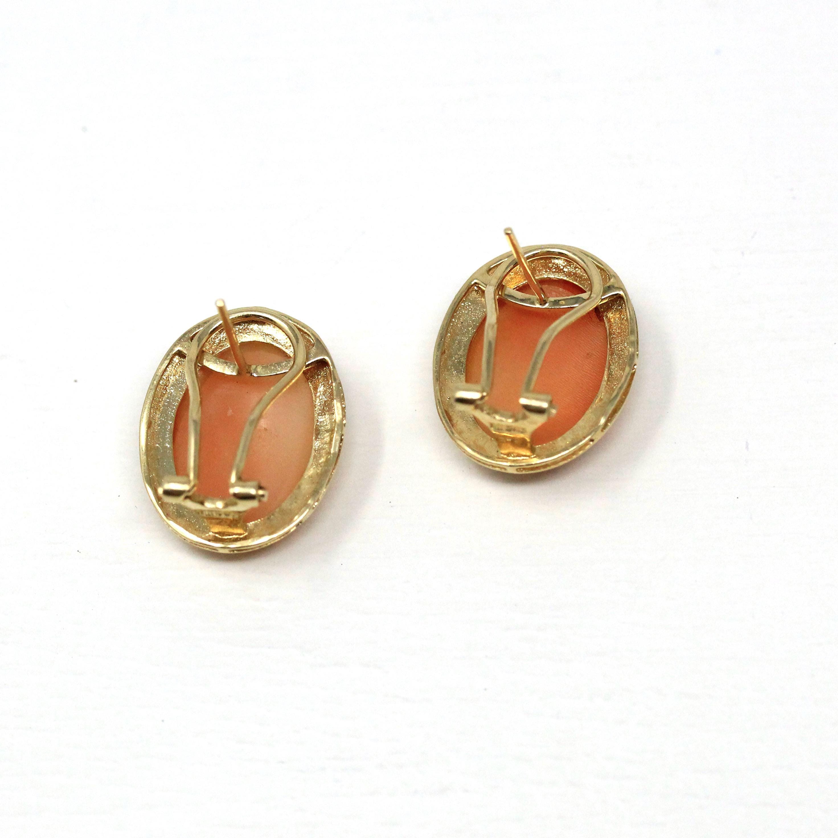 Retro Cameo Earrings - Vintage 14k Yellow Gold Bezel Set Clipback Post Pierced Studs - Circa 1970s Push Back Woman's Profile Fine Jewelry