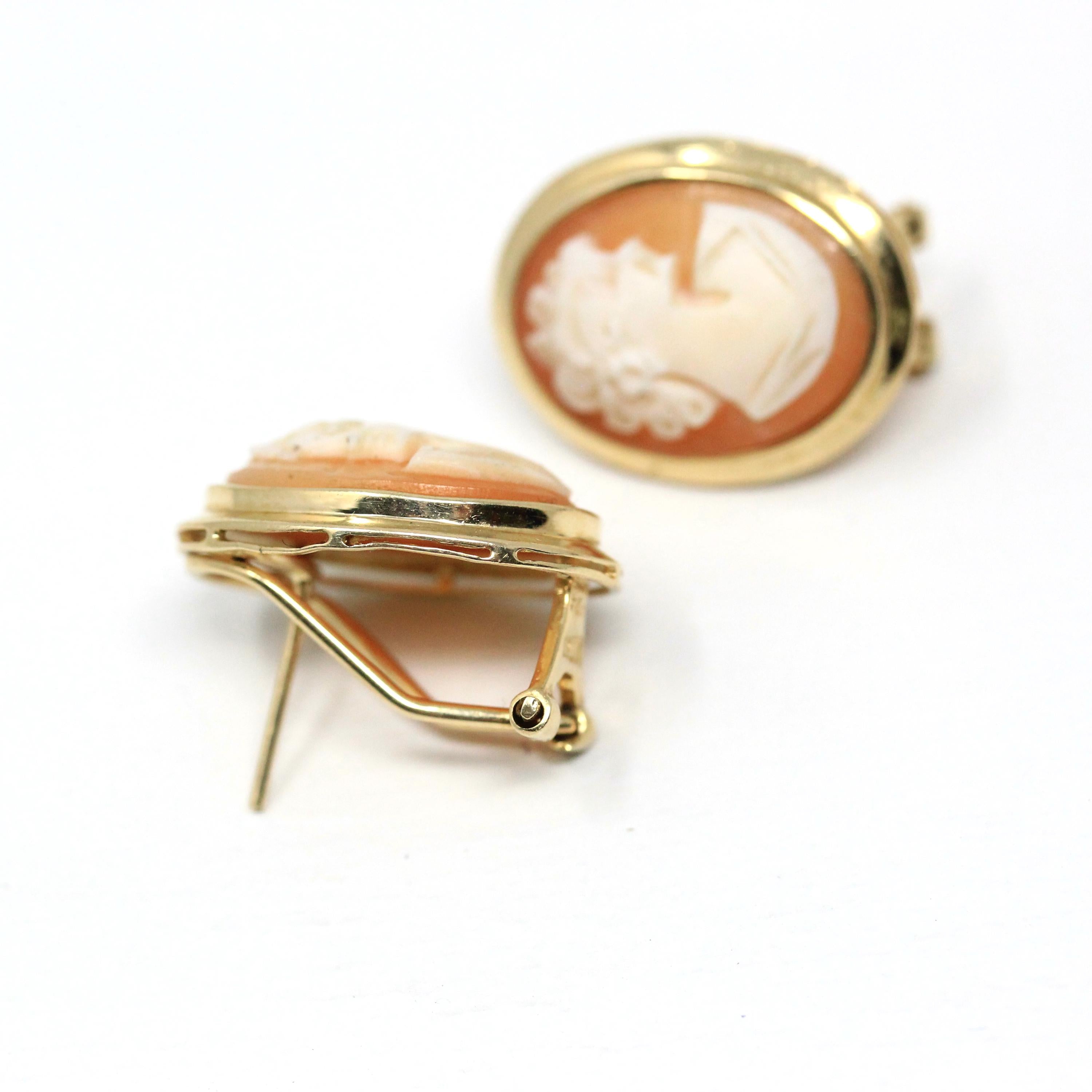 Retro Cameo Earrings - Vintage 14k Yellow Gold Bezel Set Clipback Post Pierced Studs - Circa 1970s Push Back Woman's Profile Fine Jewelry