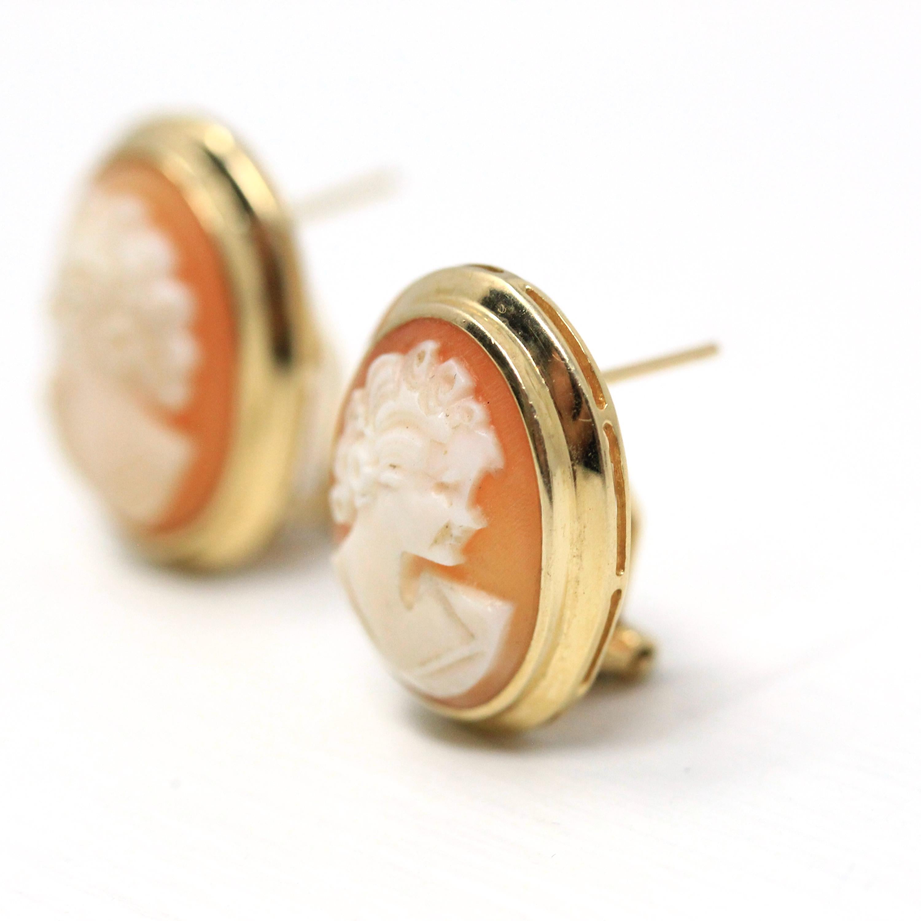 Retro Cameo Earrings - Vintage 14k Yellow Gold Bezel Set Clipback Post Pierced Studs - Circa 1970s Push Back Woman's Profile Fine Jewelry