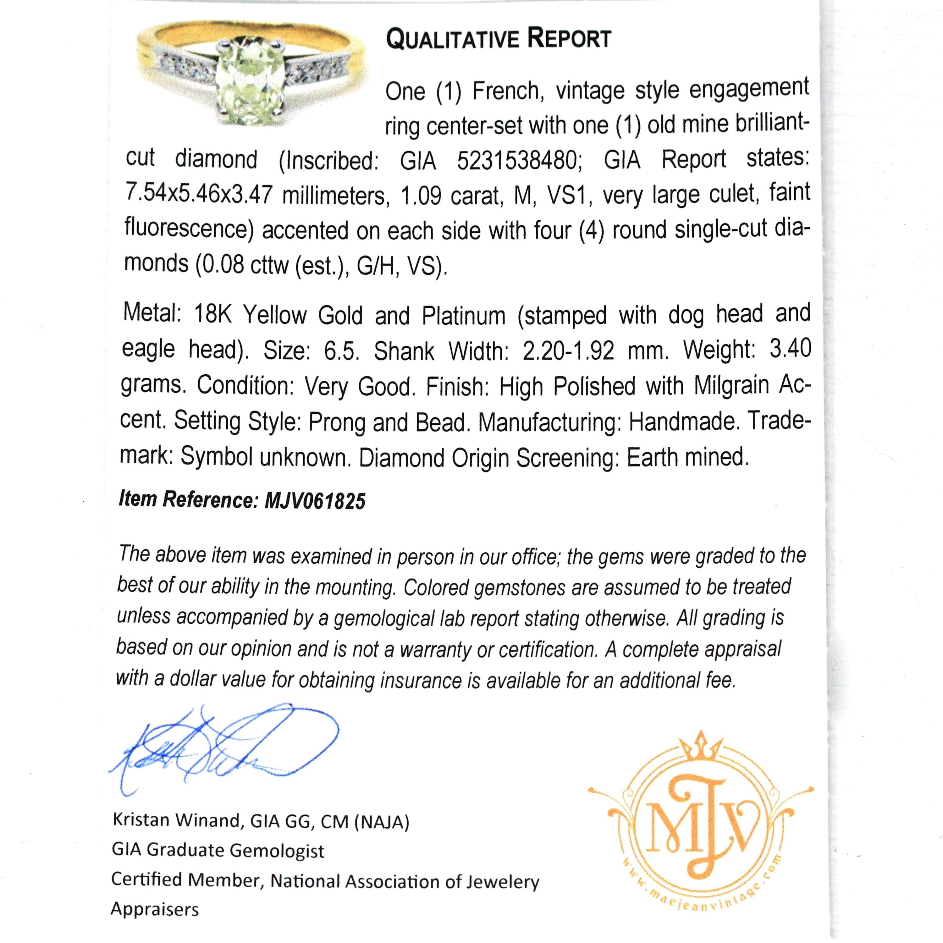 Old Mine Cut Diamond Ring - Modern 18k Yellow Gold & Platinum Two Tone French Engagement - Estate Vintage Style Bridal GIA Report Jewelry