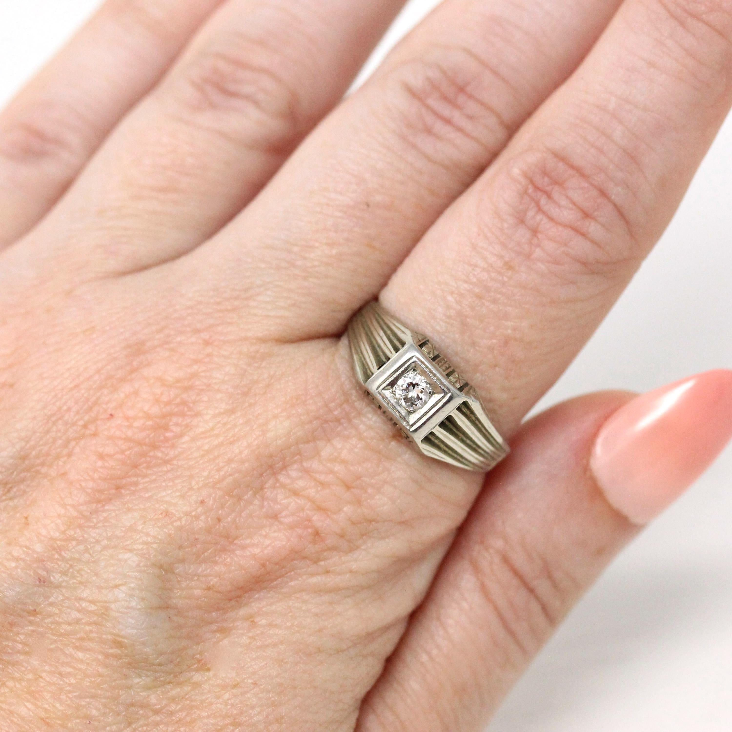 Genuine Diamond Ring - Art Deco 18k White Gold .13 CT Round Transitional Cut Gemstone - Vintage Circa 1930s Era Engagement Fine 30s Jewelry