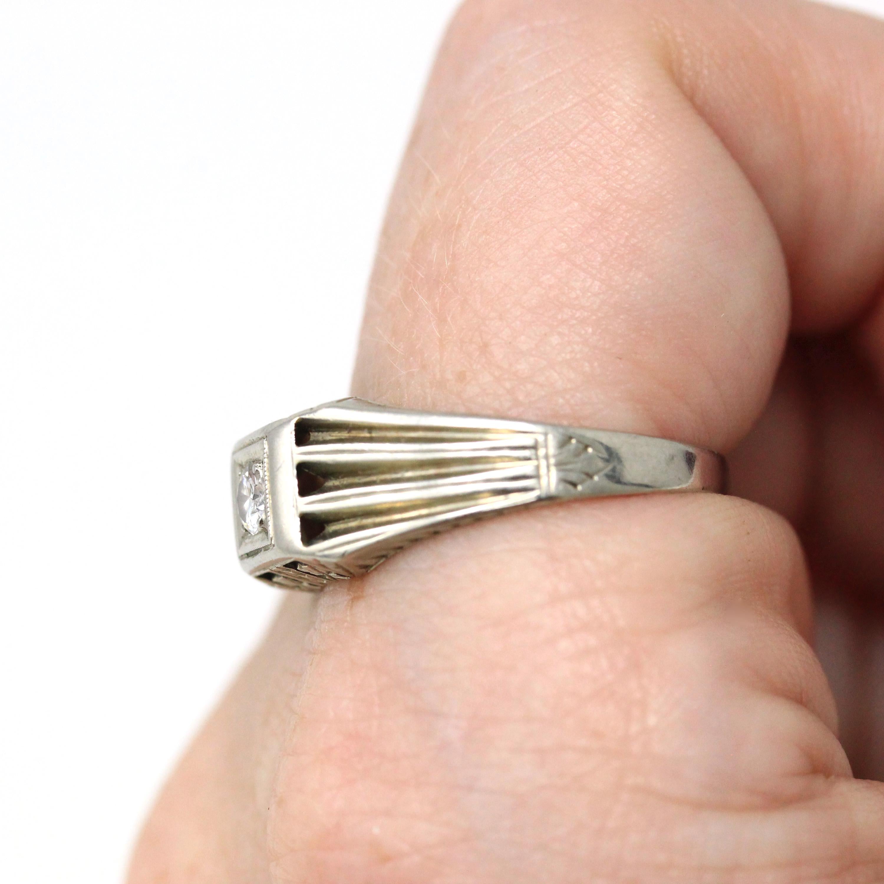 Genuine Diamond Ring - Art Deco 18k White Gold .13 CT Round Transitional Cut Gemstone - Vintage Circa 1930s Era Engagement Fine 30s Jewelry