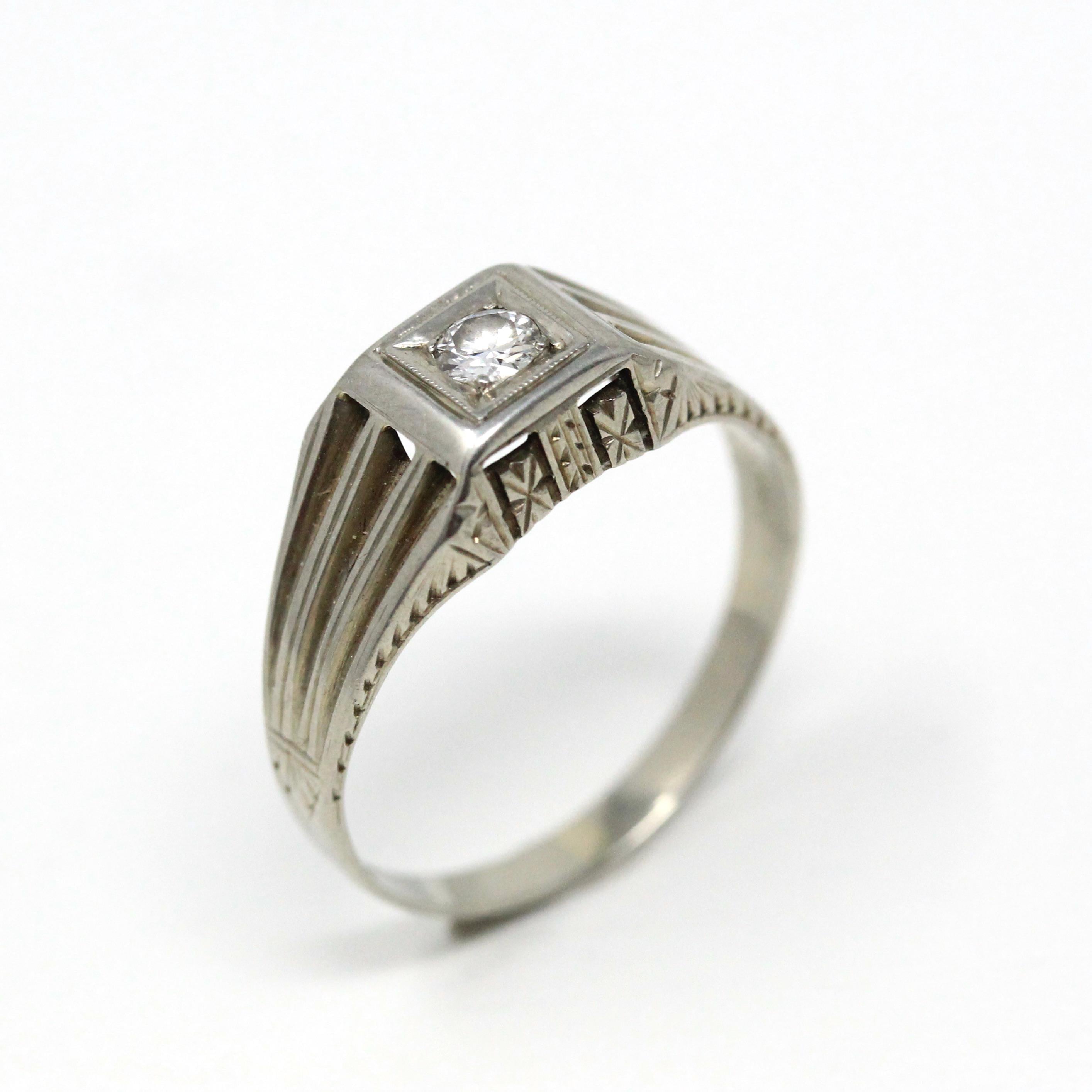 Genuine Diamond Ring - Art Deco 18k White Gold .13 CT Round Transitional Cut Gemstone - Vintage Circa 1930s Era Engagement Fine 30s Jewelry