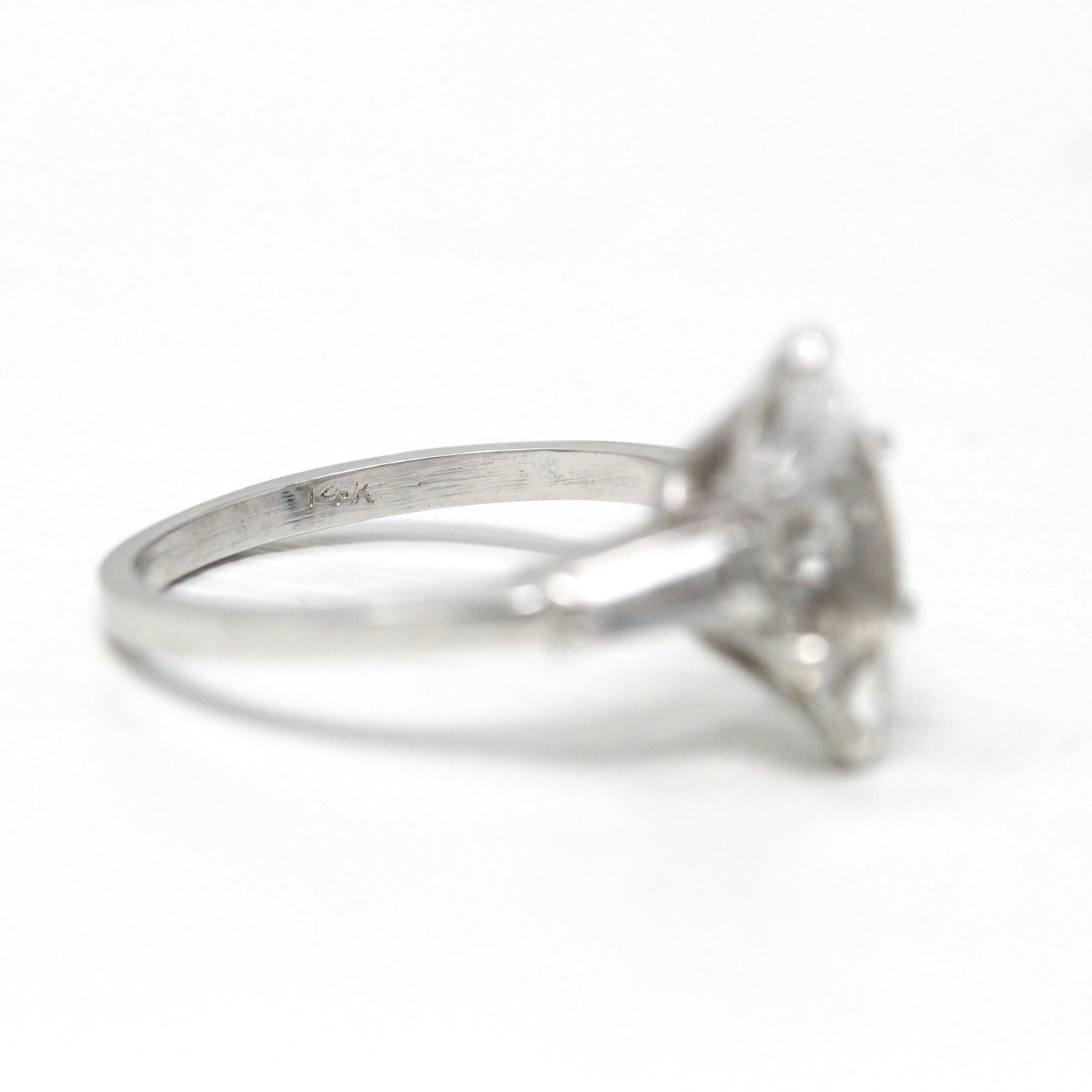 Simulated Diamond Engagement Ring - Vintage 14k White Gold Marquise CZ & Spinel - Circa 1970s Size 8.5 Alternative Clear Gems Bridal Jewelry