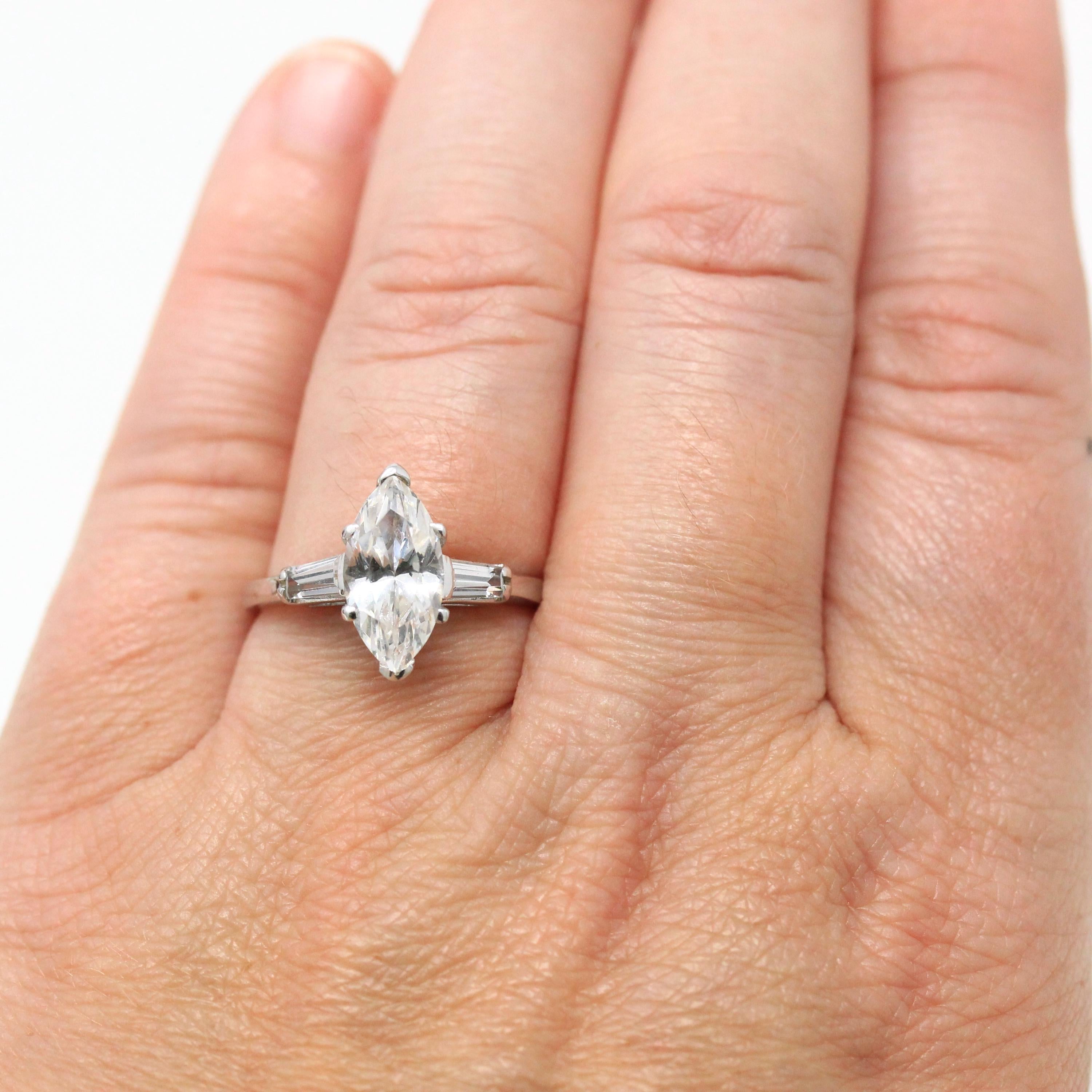 Simulated Diamond Engagement Ring - Vintage 14k White Gold Marquise CZ & Spinel - Circa 1970s Size 8.5 Alternative Clear Gems Bridal Jewelry