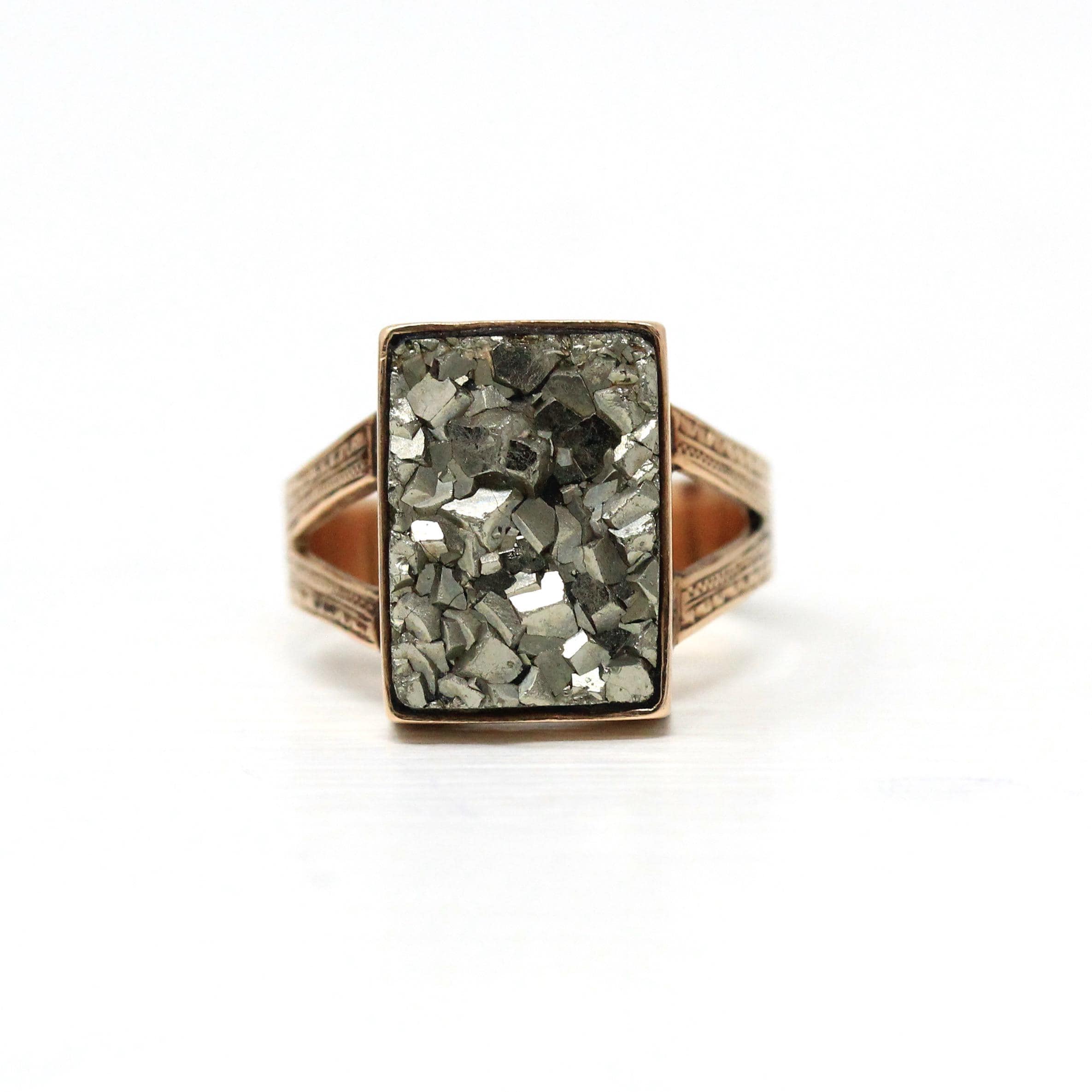 Antique Pyrite Ring - Victorian Era 10k Rose Gold Bezel Semiprecious Gemstone Shield - Circa 1890s Size 5 3/4 Engraved Fine Heirloom Jewelry