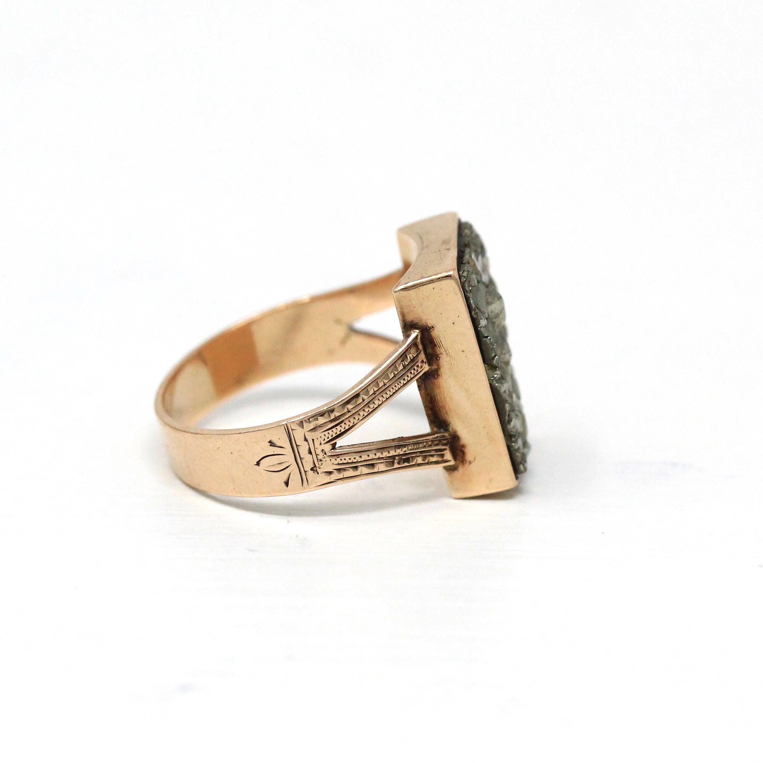 Antique Pyrite Ring - Victorian Era 10k Rose Gold Bezel Semiprecious Gemstone Shield - Circa 1890s Size 5 3/4 Engraved Fine Heirloom Jewelry