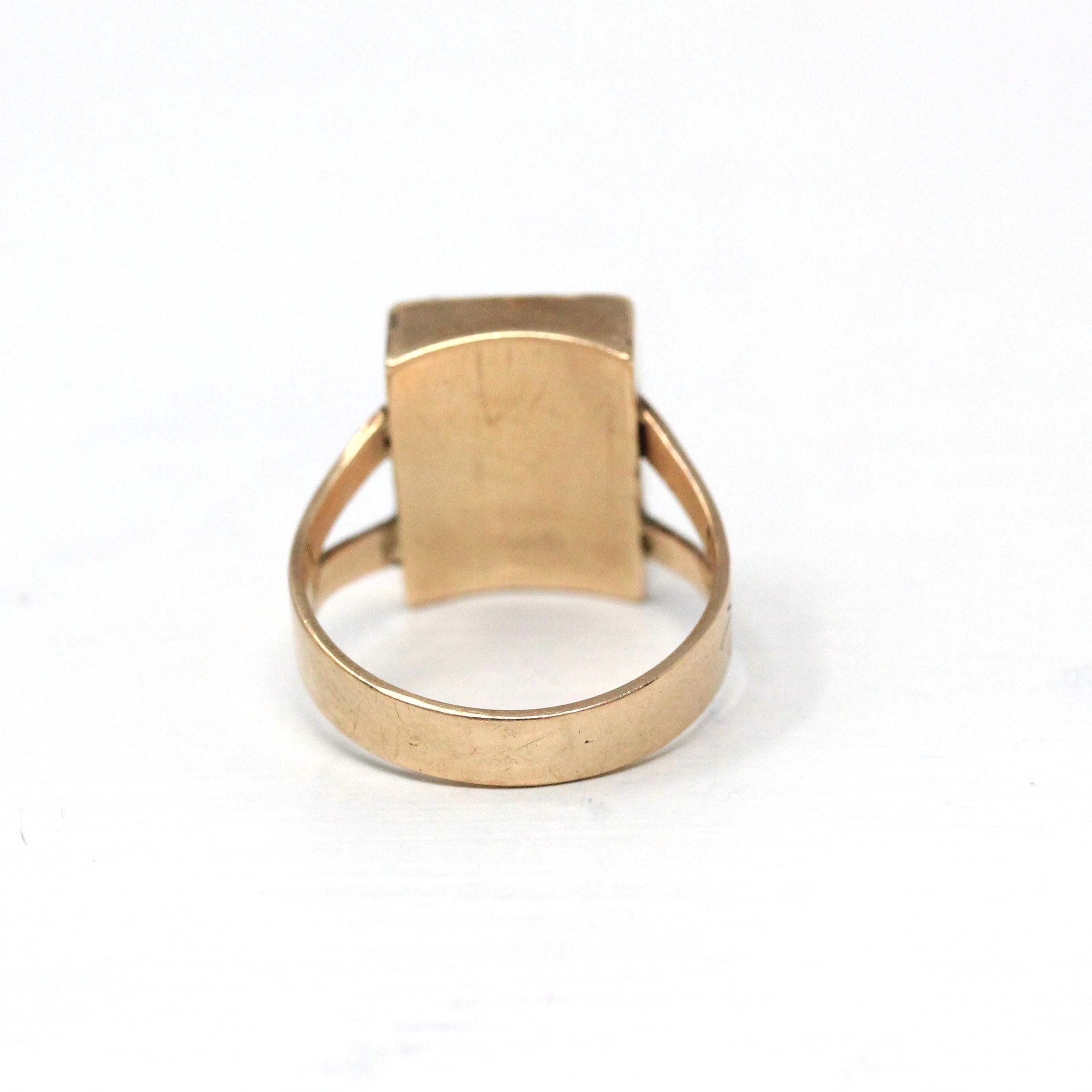 Antique Pyrite Ring - Victorian Era 10k Rose Gold Bezel Semiprecious Gemstone Shield - Circa 1890s Size 5 3/4 Engraved Fine Heirloom Jewelry