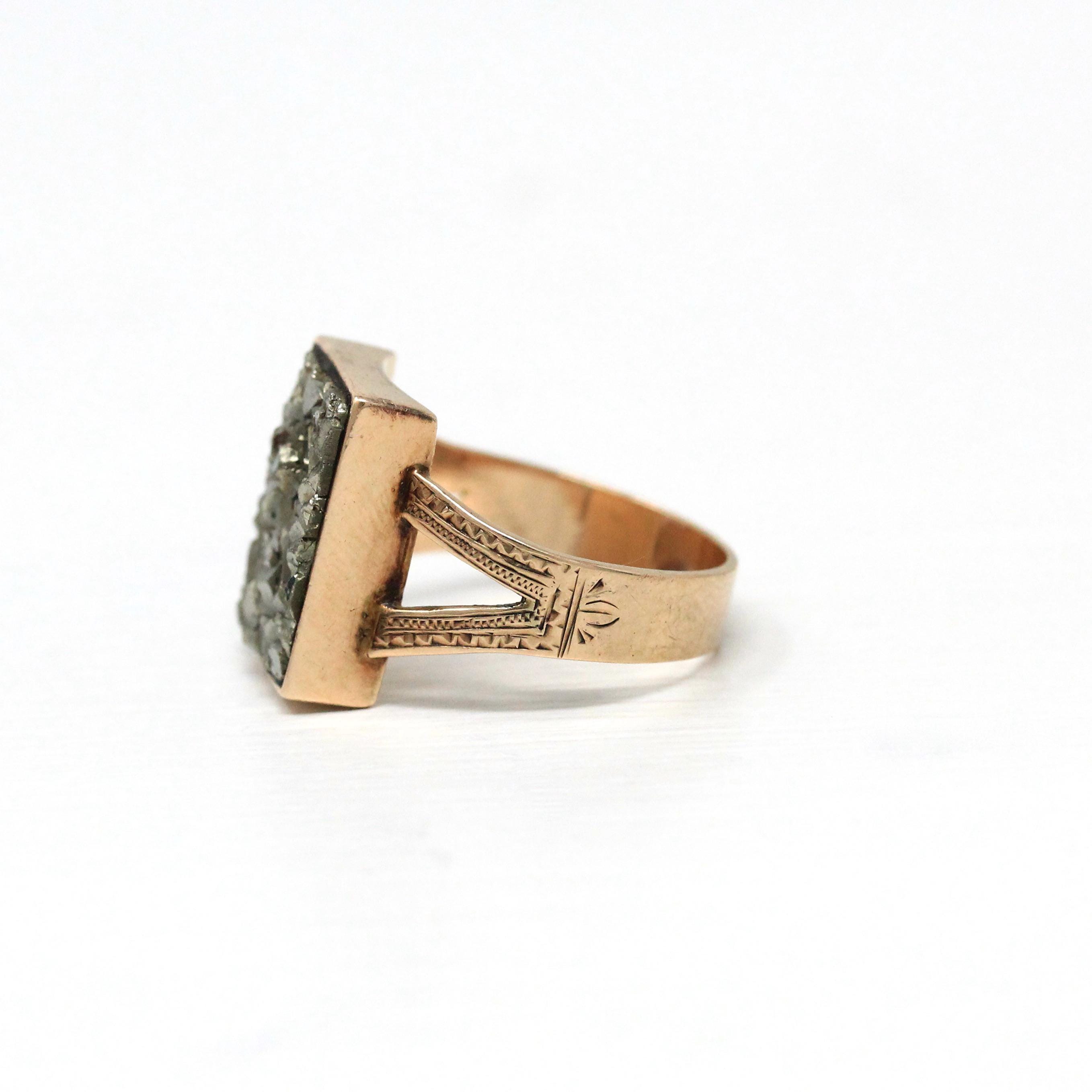 Antique Pyrite Ring - Victorian Era 10k Rose Gold Bezel Semiprecious Gemstone Shield - Circa 1890s Size 5 3/4 Engraved Fine Heirloom Jewelry