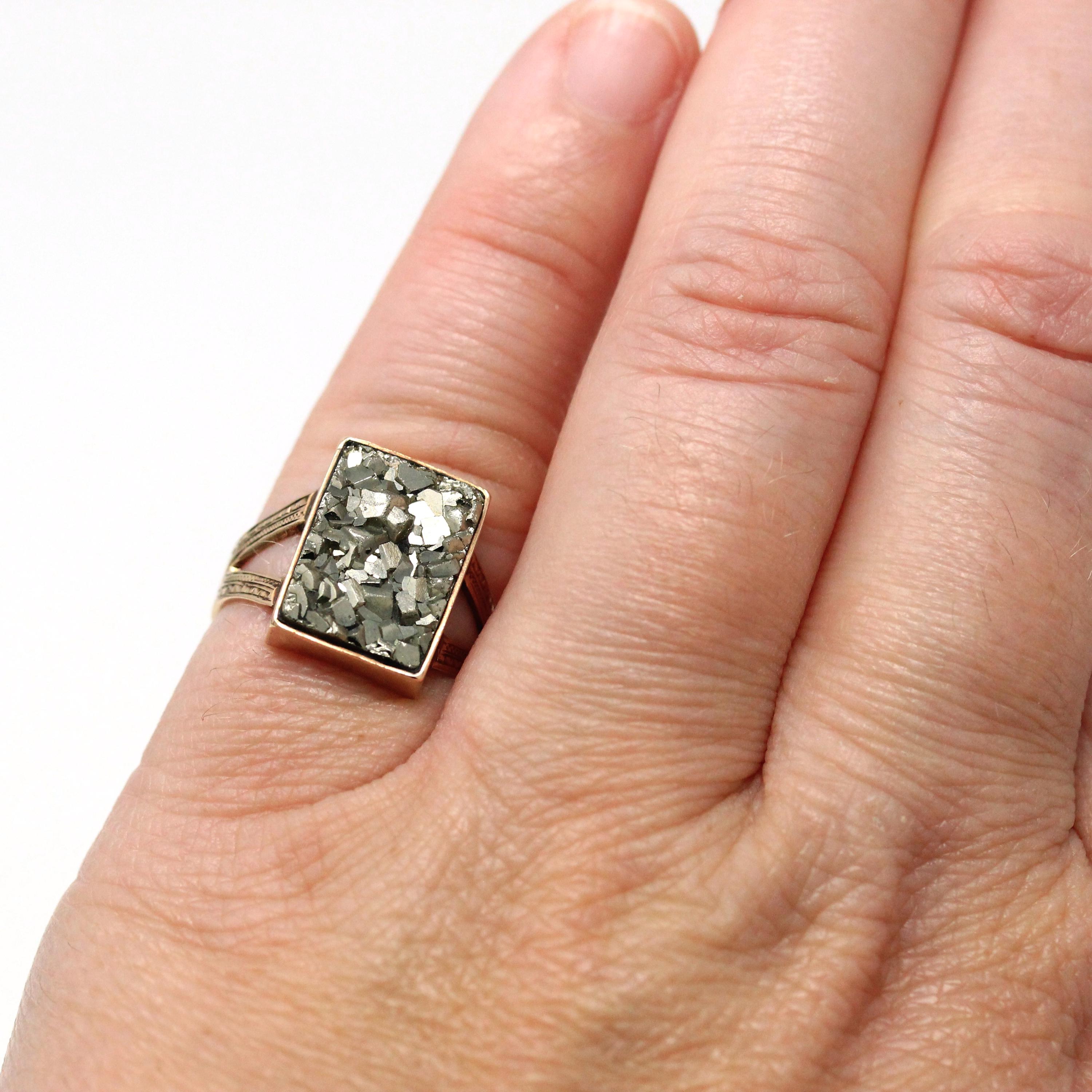 Antique Pyrite Ring - Victorian Era 10k Rose Gold Bezel Semiprecious Gemstone Shield - Circa 1890s Size 5 3/4 Engraved Fine Heirloom Jewelry