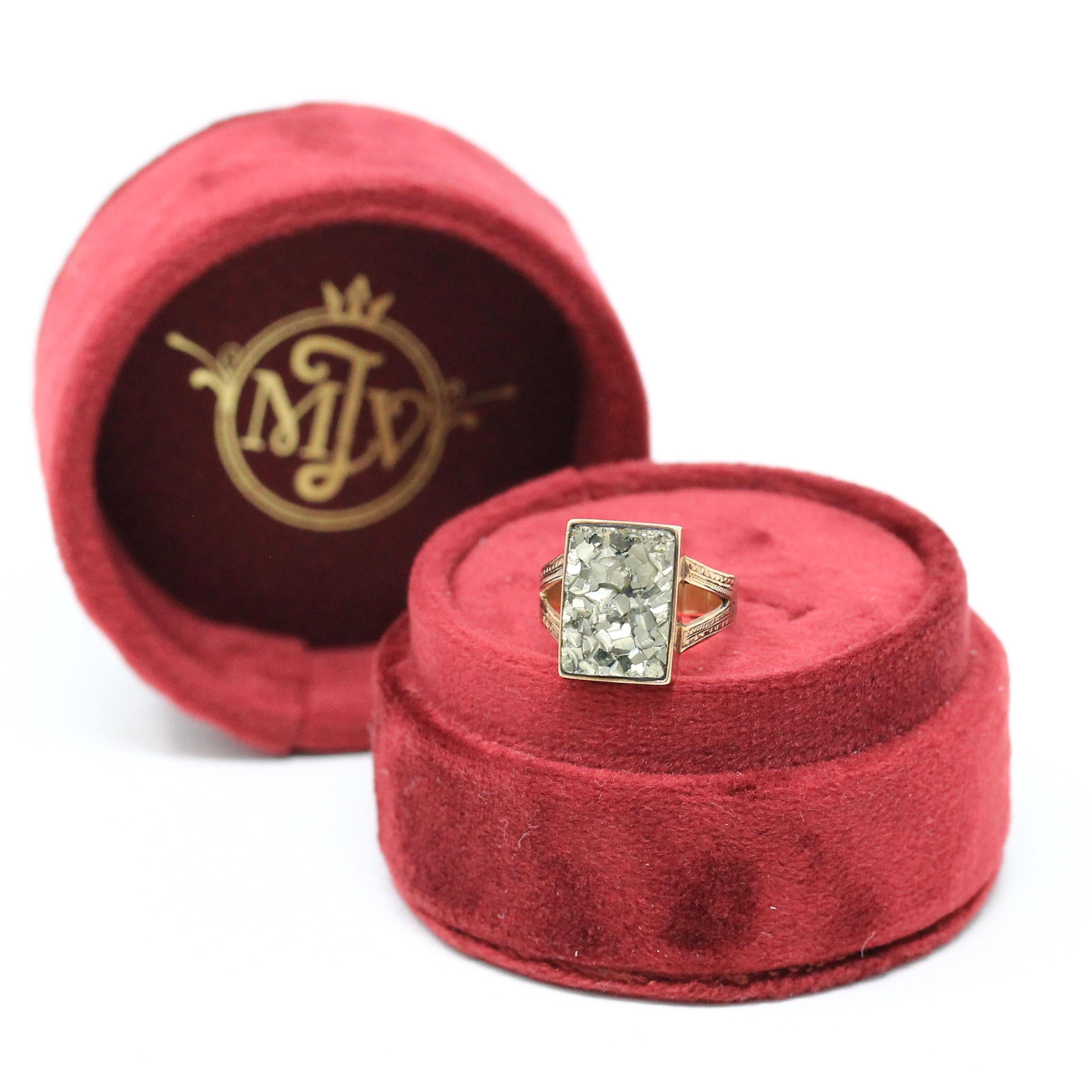 Antique Pyrite Ring - Victorian Era 10k Rose Gold Bezel Semiprecious Gemstone Shield - Circa 1890s Size 5 3/4 Engraved Fine Heirloom Jewelry