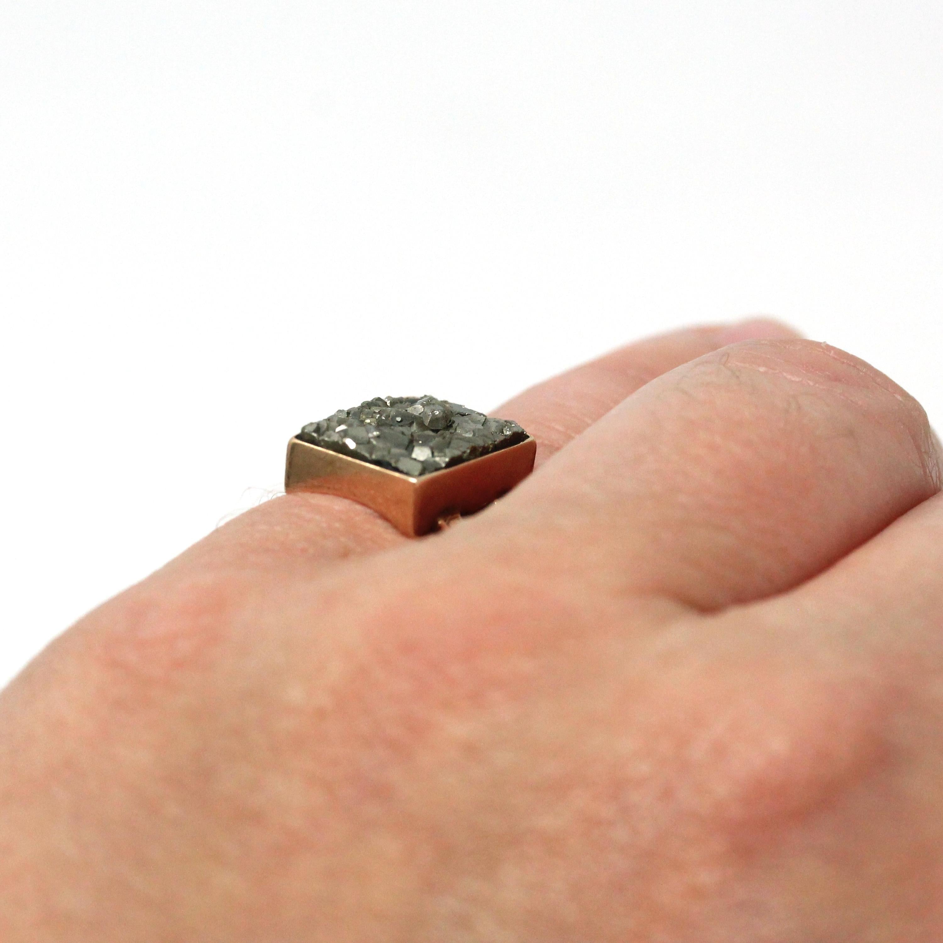 Antique Pyrite Ring - Victorian Era 10k Rose Gold Bezel Semiprecious Gemstone Shield - Circa 1890s Size 5 3/4 Engraved Fine Heirloom Jewelry