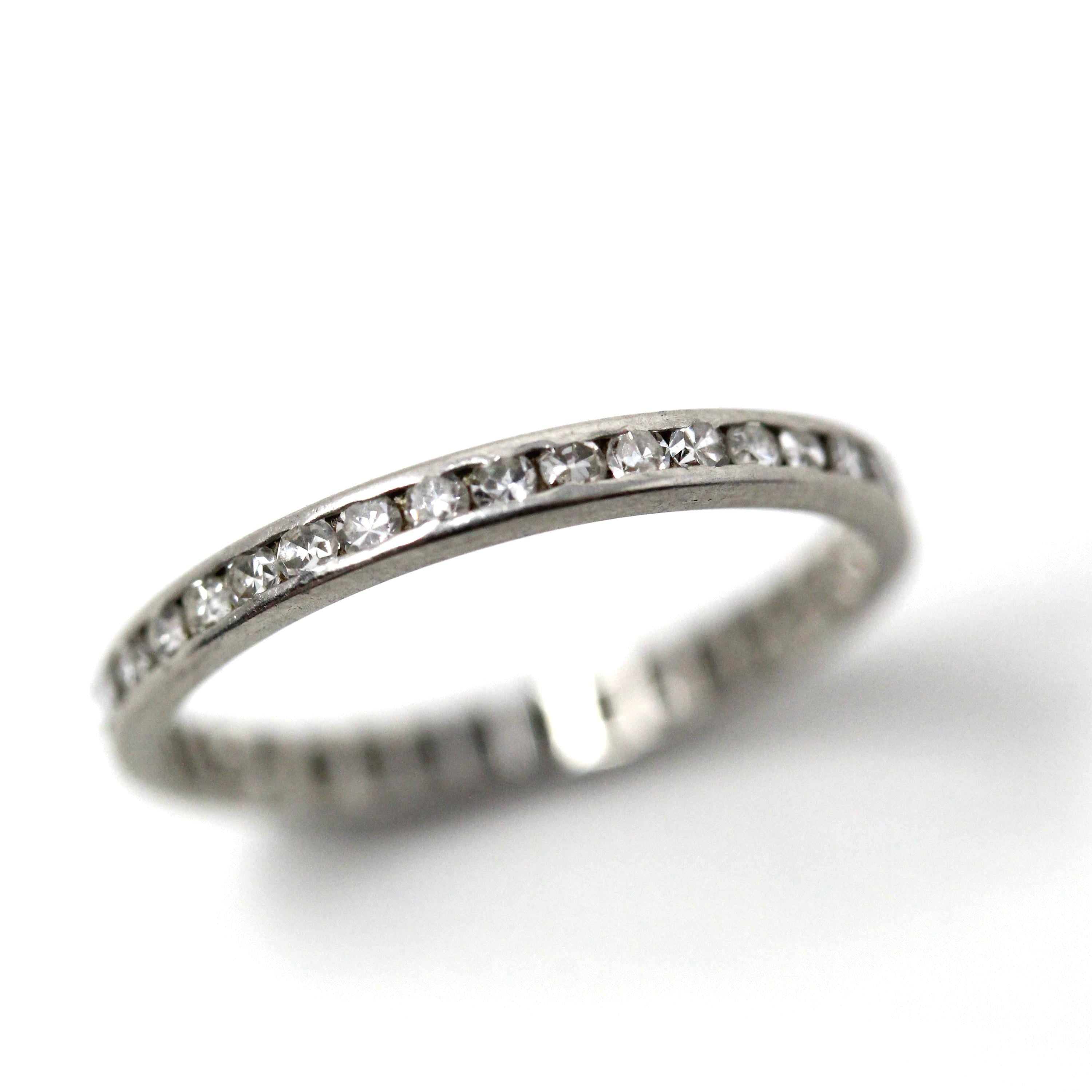 Diamond Eternity Band - Art Deco Platinum 3/4 CTW Genuine Round Single Cut Ring - Antique Circa 1920s Size 5.5 Wedding Fine Precious Jewelry