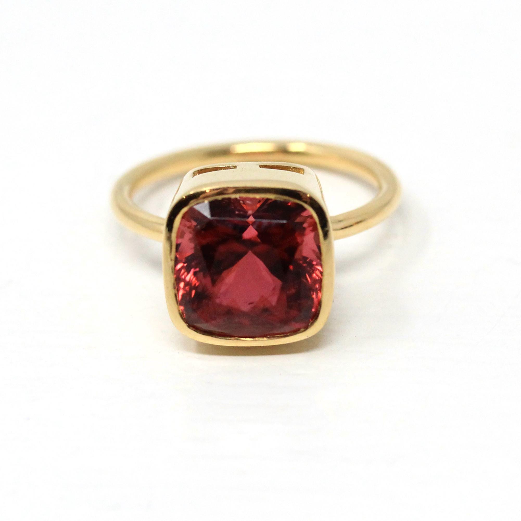 Pink Tourmaline Ring - 18k Yellow Gold Bezel Set Genuine 5.39 CT Gemstone - Modern Size 6 1/4 Statement Fine Cocktail Solitaire Jewelry